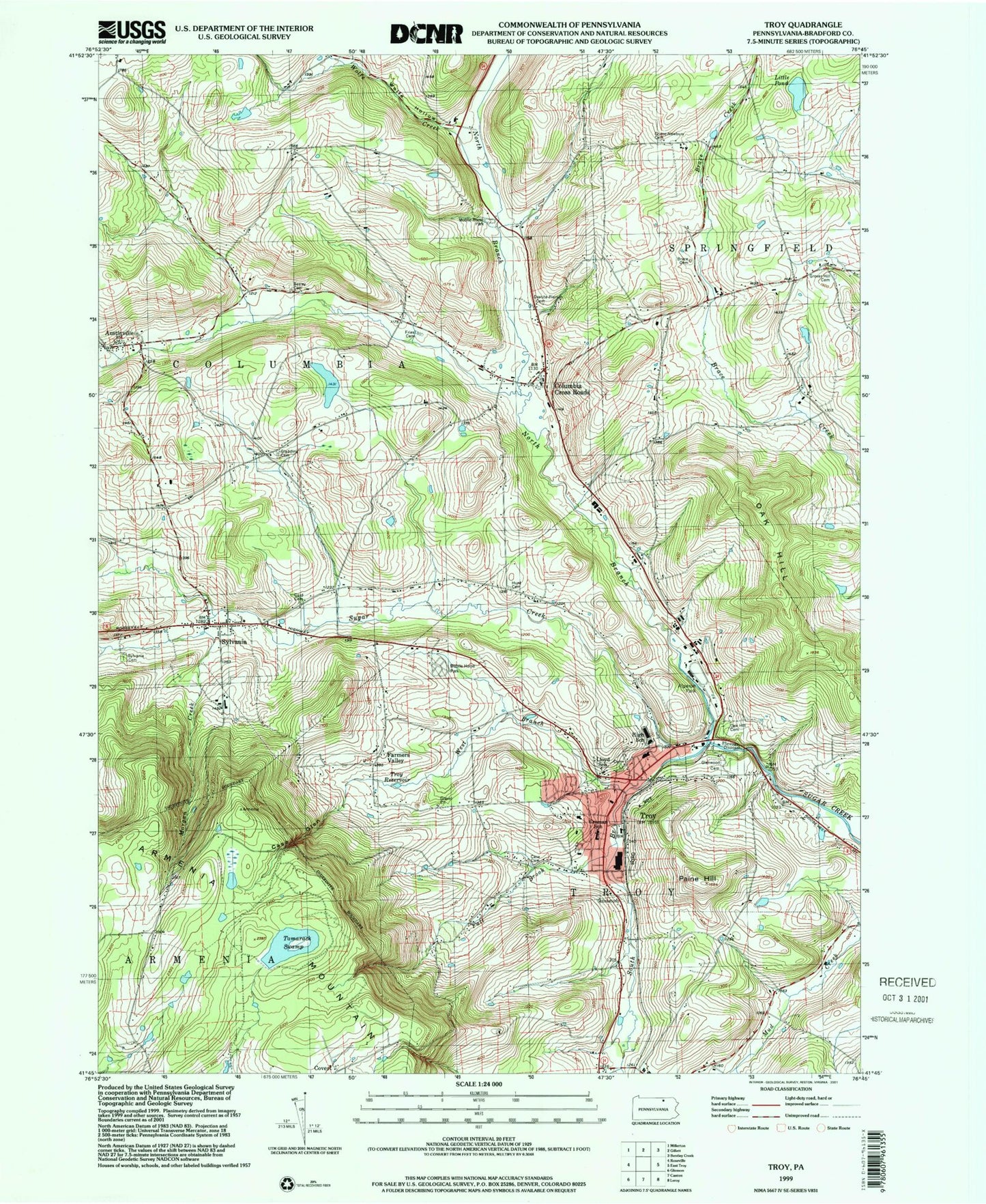 Classic USGS Troy Pennsylvania 7.5'x7.5' Topo Map Image