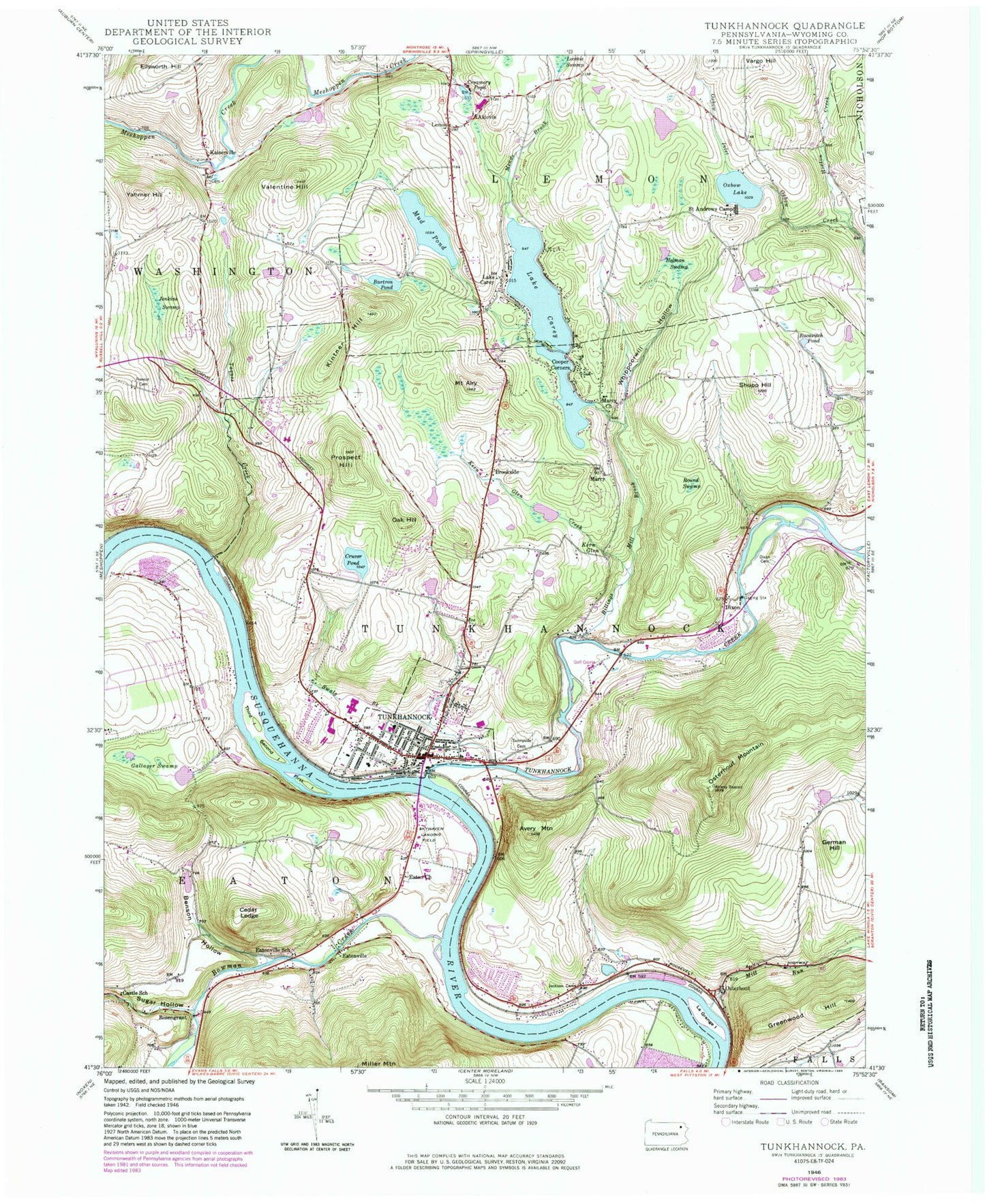 Classic USGS Tunkhannock Pennsylvania 7.5'x7.5' Topo Map Image