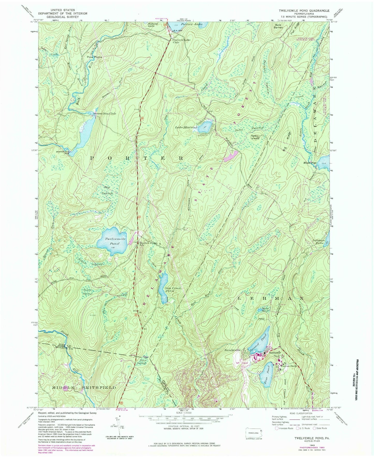 Classic USGS Twelvemile Pond Pennsylvania 7.5'x7.5' Topo Map Image
