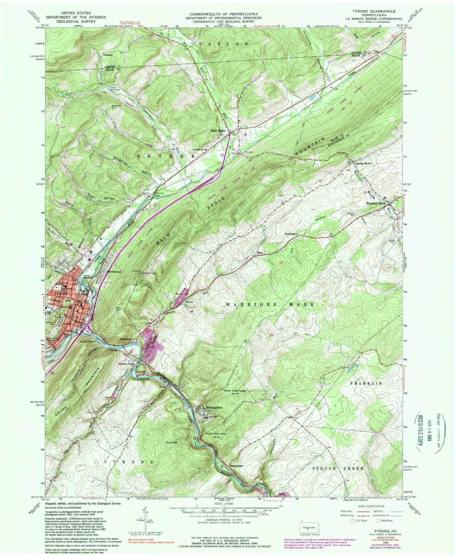 Classic USGS Tyrone Pennsylvania 7.5'x7.5' Topo Map Image