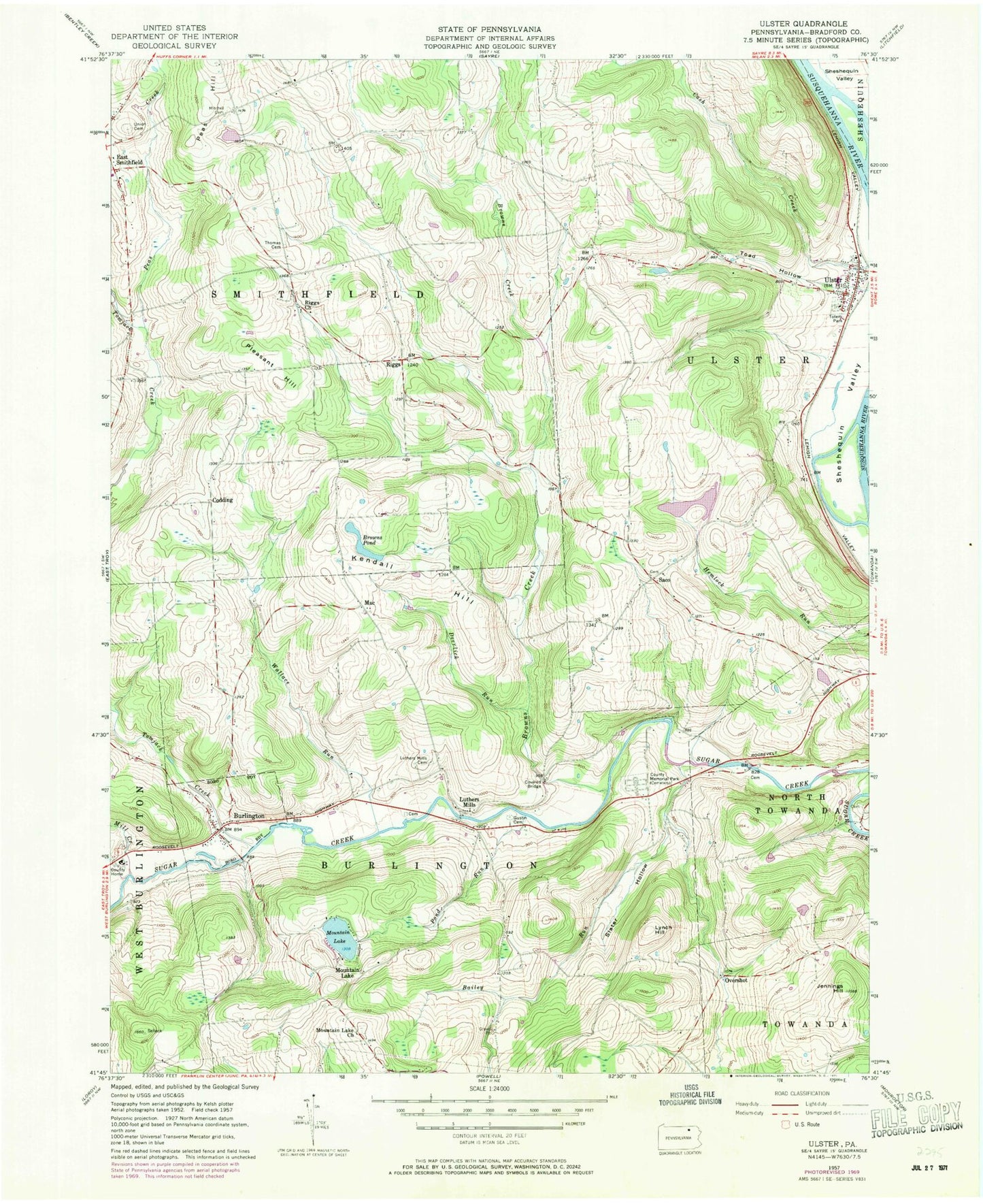 Classic USGS Ulster Pennsylvania 7.5'x7.5' Topo Map Image
