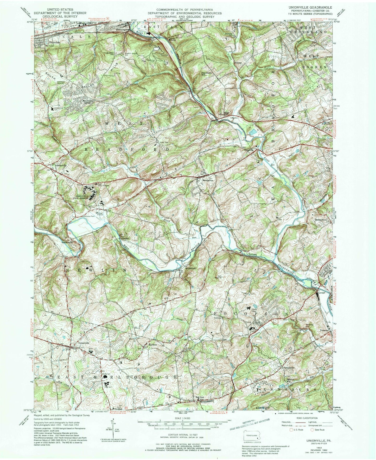 Classic USGS Unionville Pennsylvania 7.5'x7.5' Topo Map Image