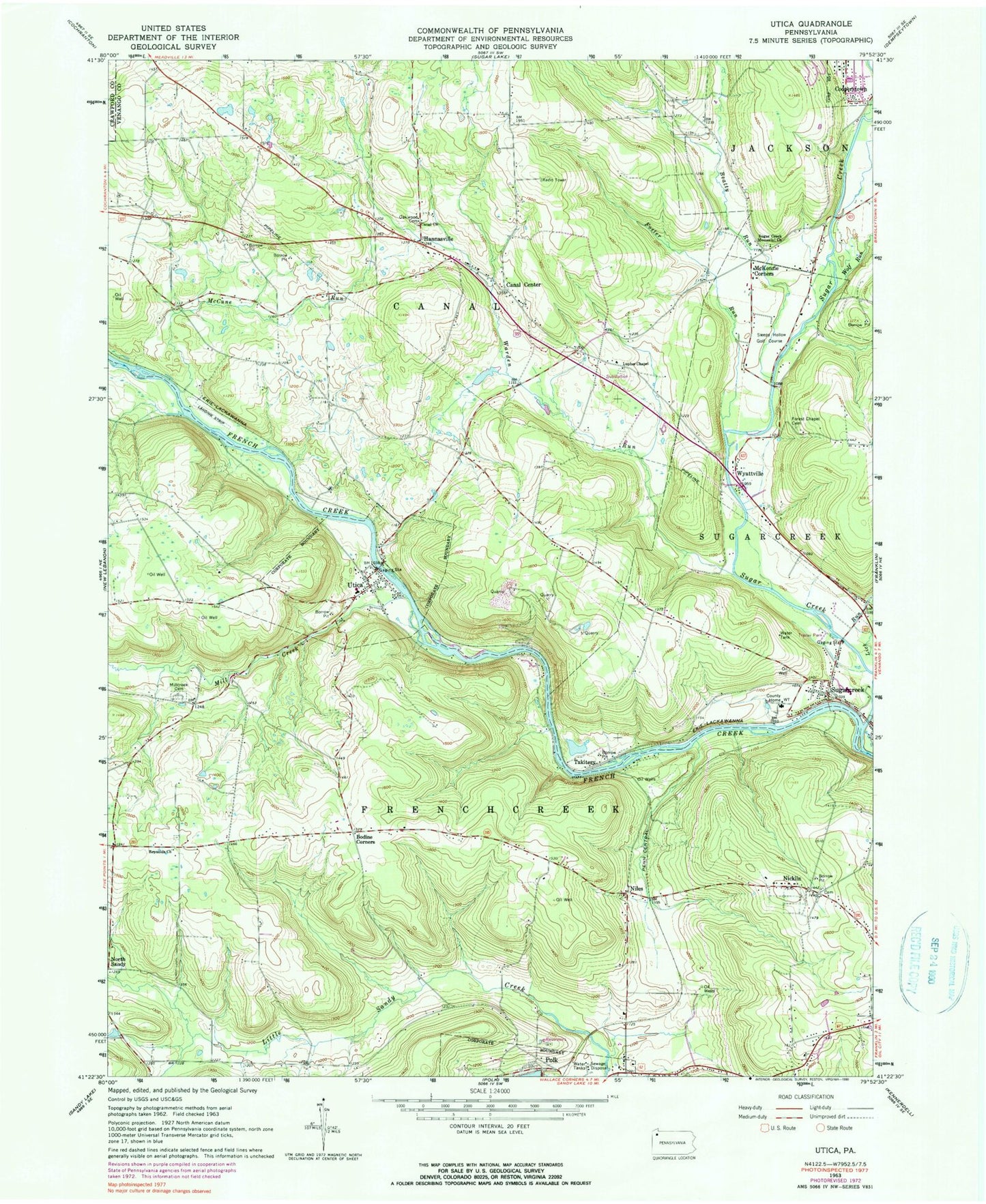 Classic USGS Utica Pennsylvania 7.5'x7.5' Topo Map Image