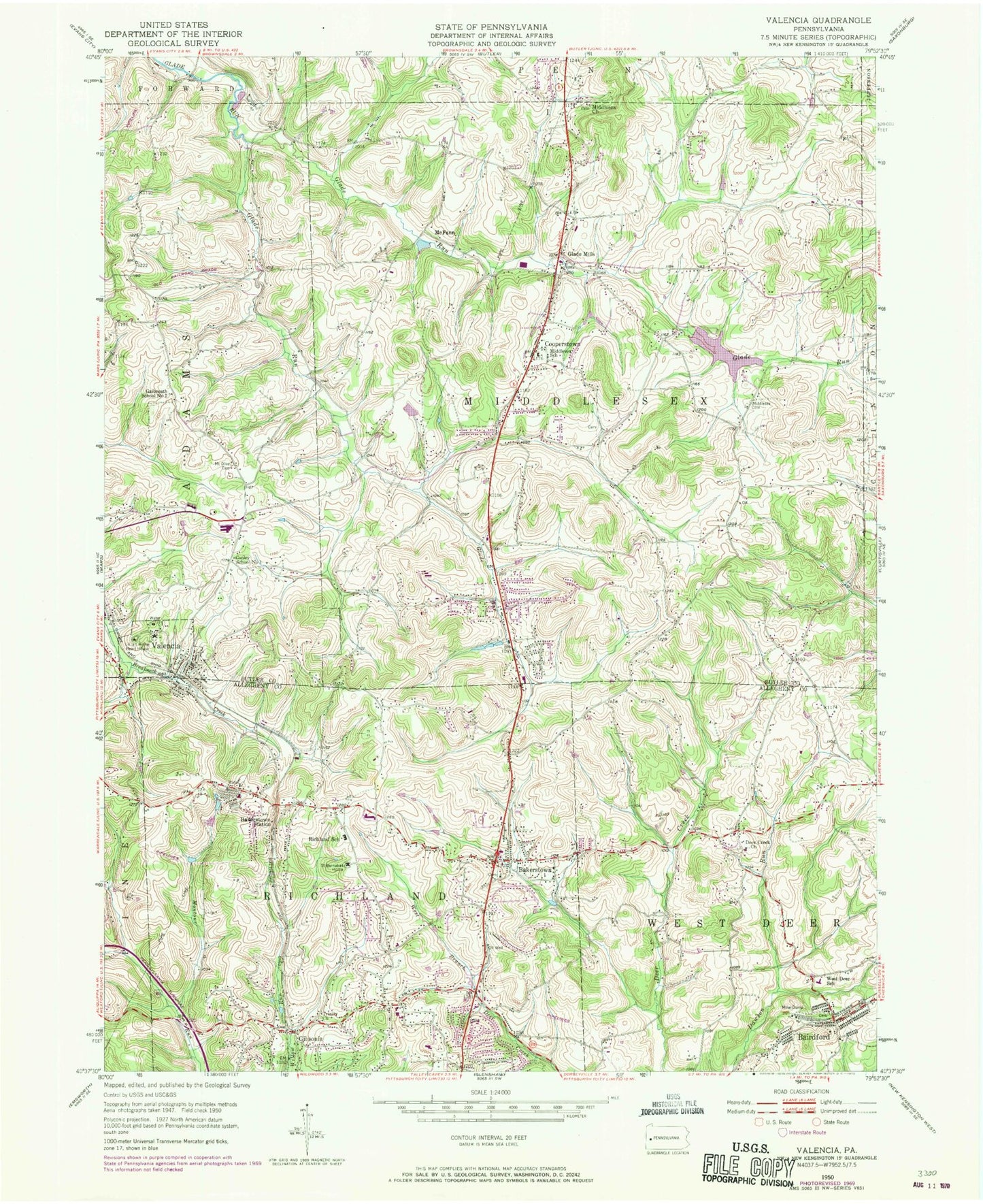 Classic USGS Valencia Pennsylvania 7.5'x7.5' Topo Map Image