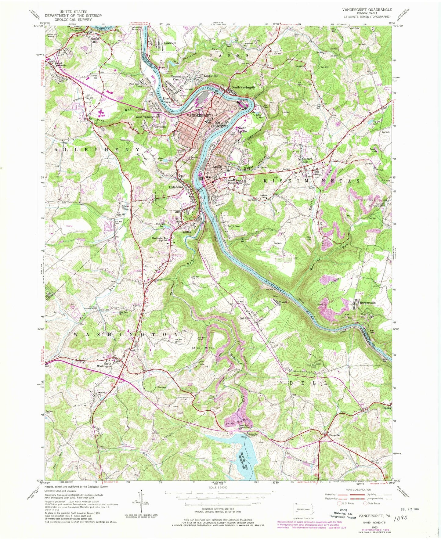 Classic USGS Vandergrift Pennsylvania 7.5'x7.5' Topo Map Image