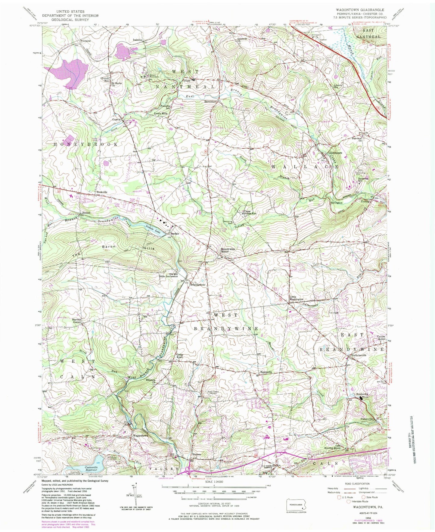 Classic USGS Wagontown Pennsylvania 7.5'x7.5' Topo Map Image
