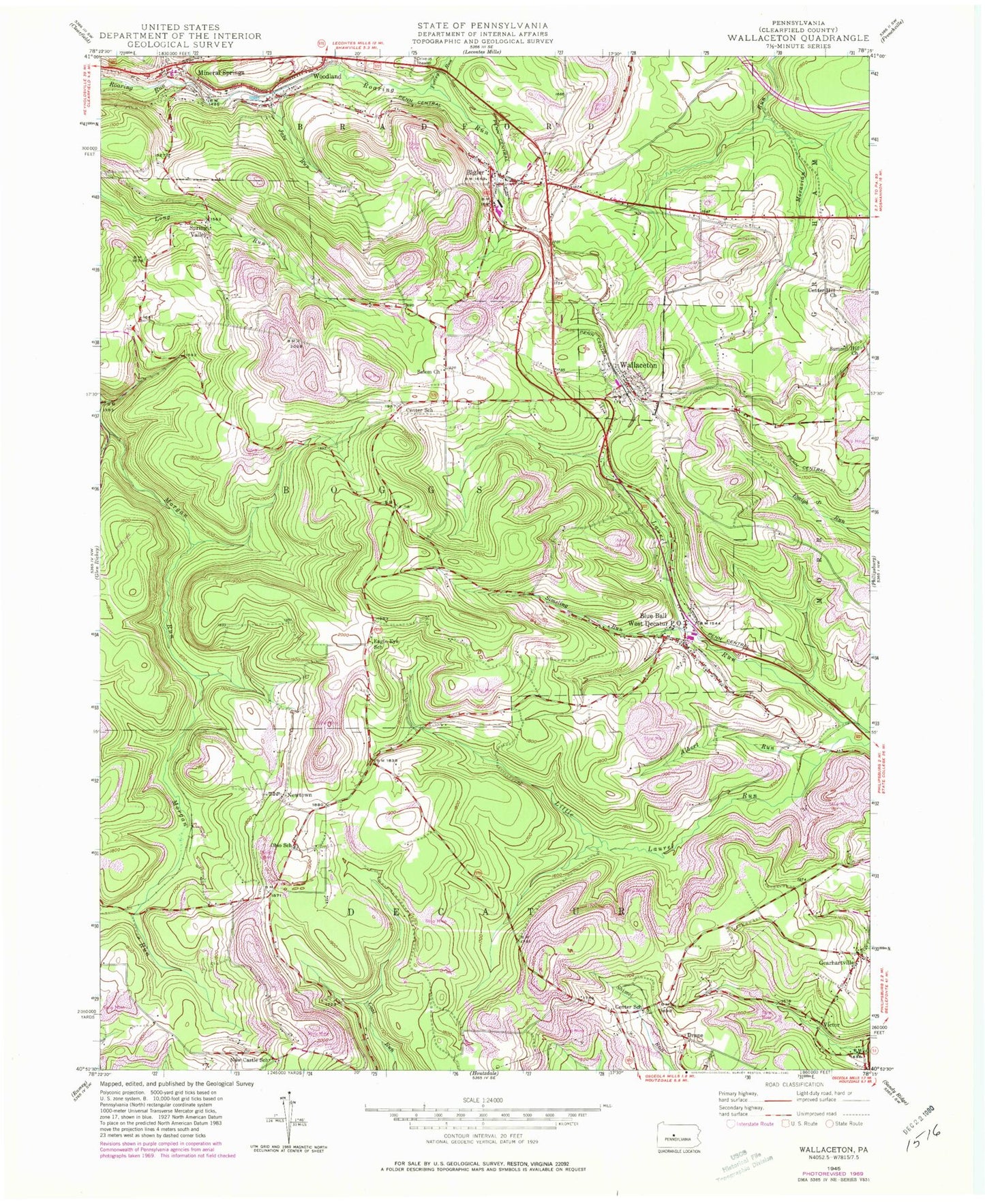 Classic USGS Wallaceton Pennsylvania 7.5'x7.5' Topo Map Image