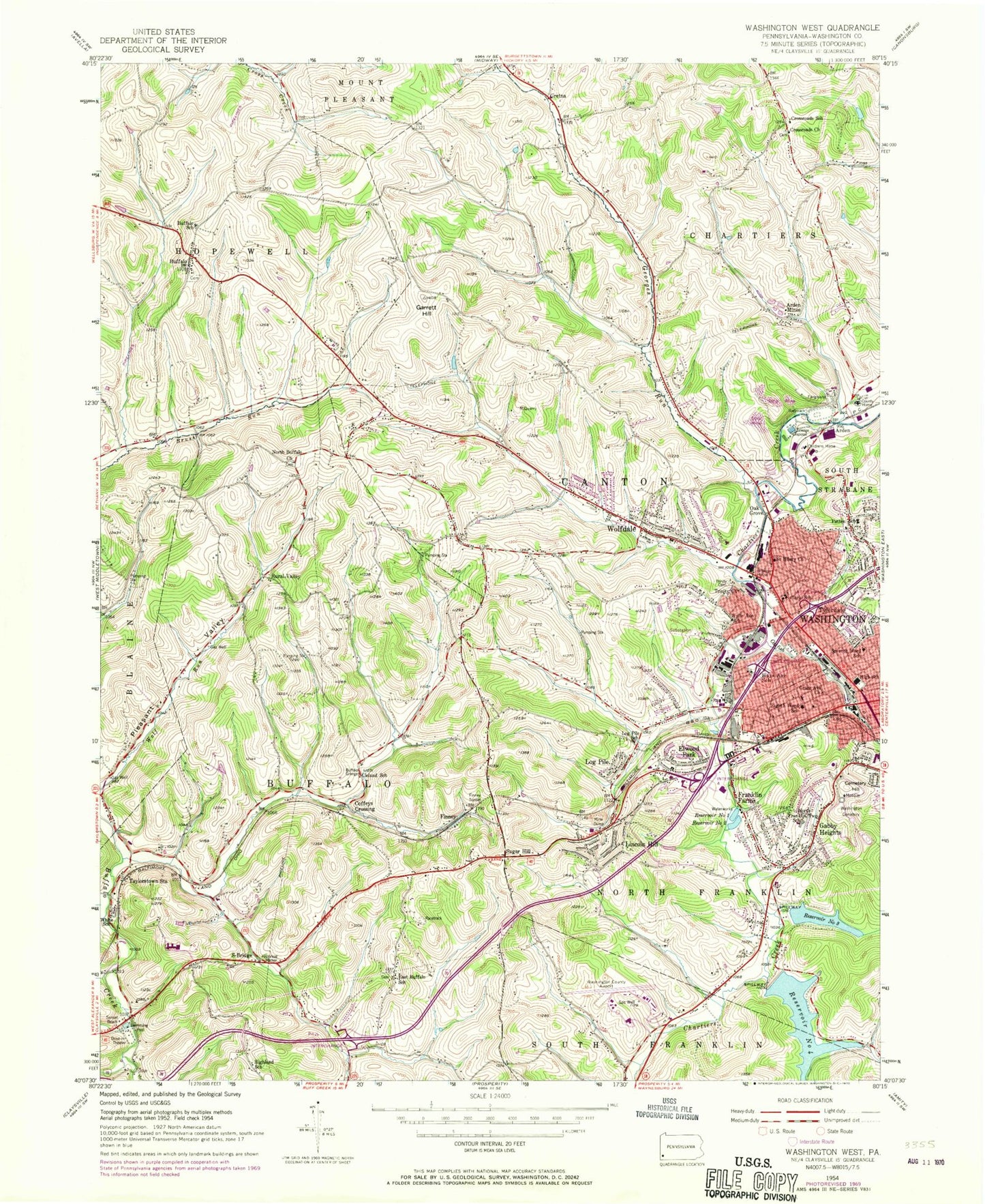 Classic USGS Washington West Pennsylvania 7.5'x7.5' Topo Map Image