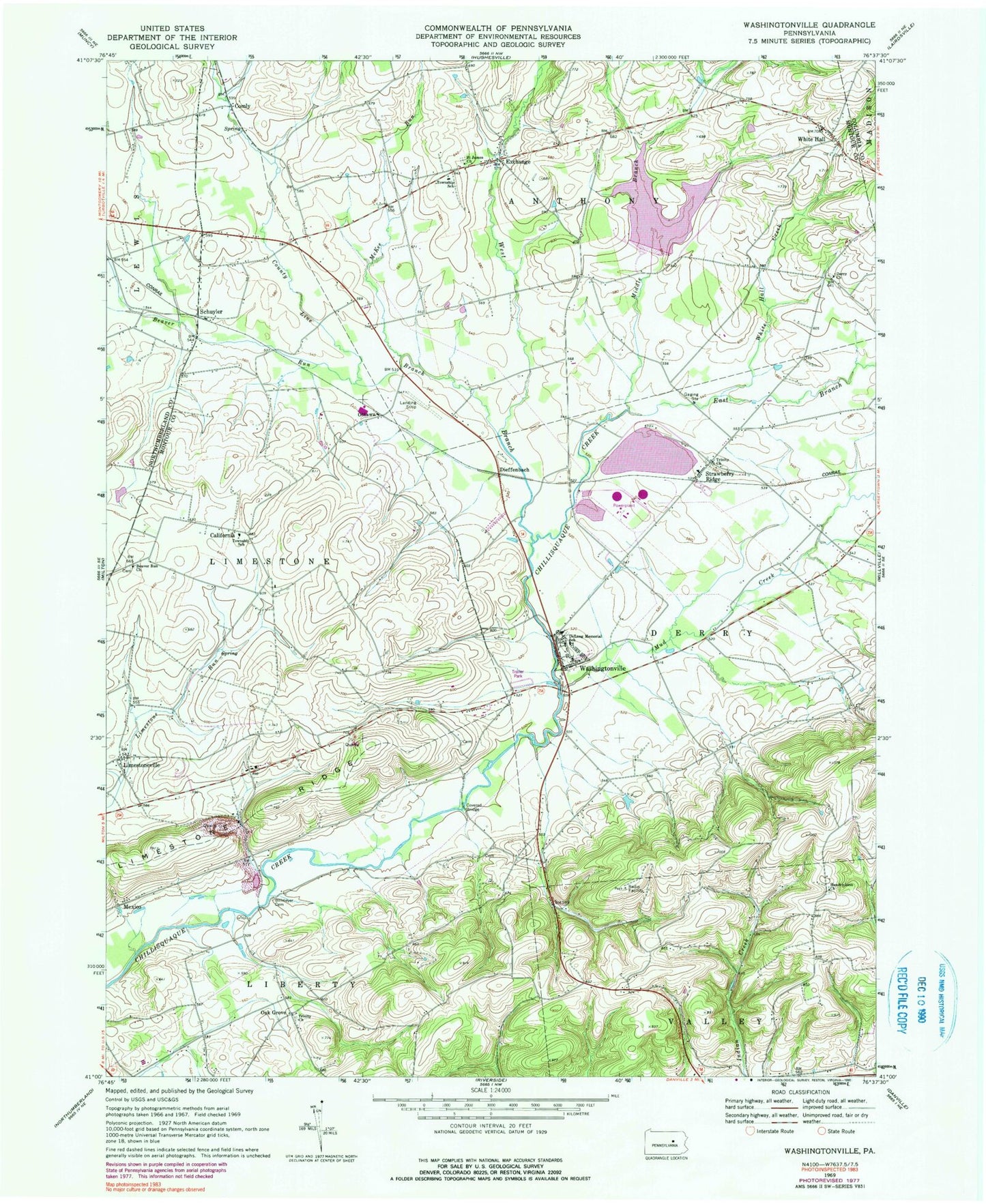 Classic USGS Washingtonville Pennsylvania 7.5'x7.5' Topo Map Image