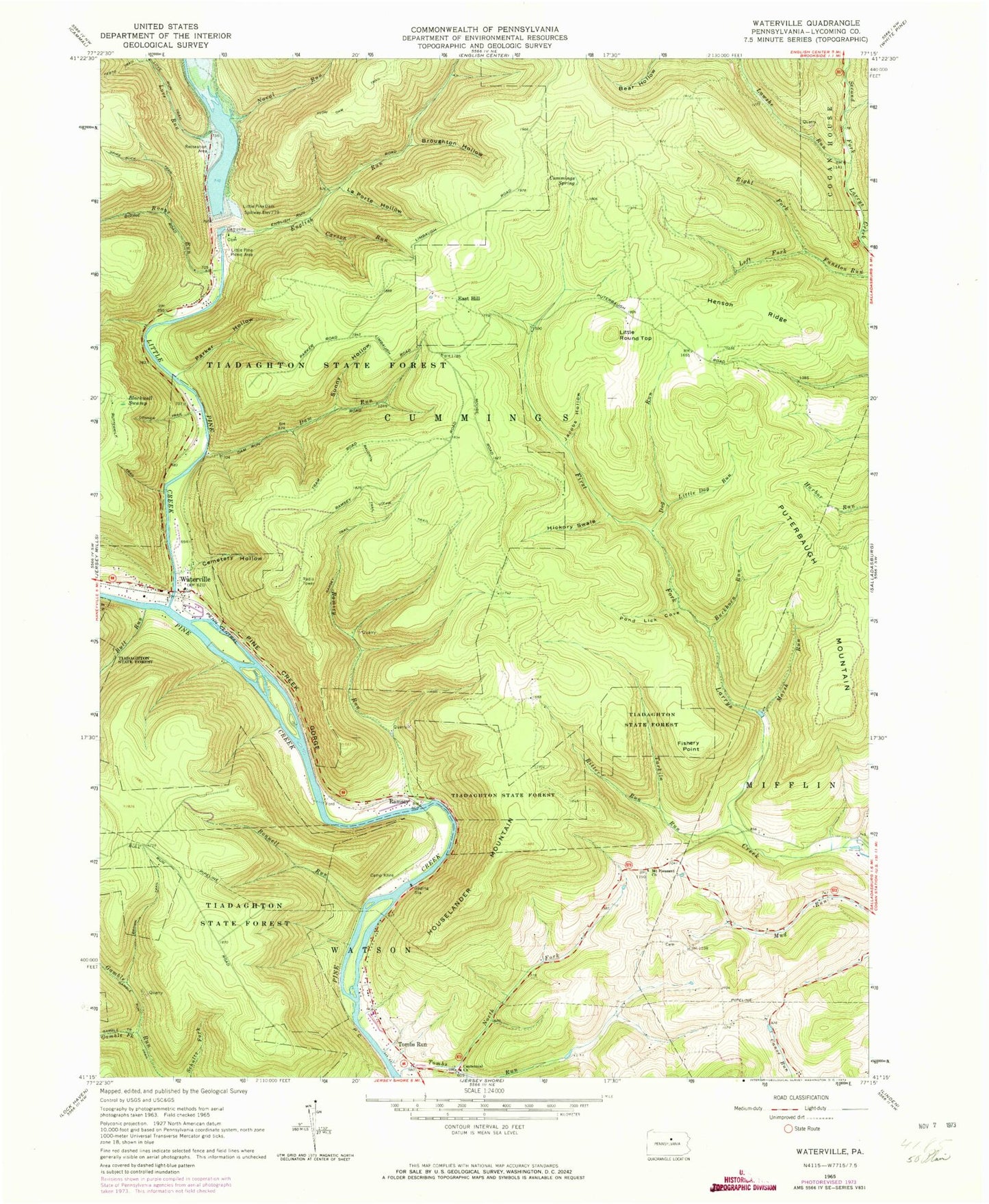 Classic USGS Waterville Pennsylvania 7.5'x7.5' Topo Map Image