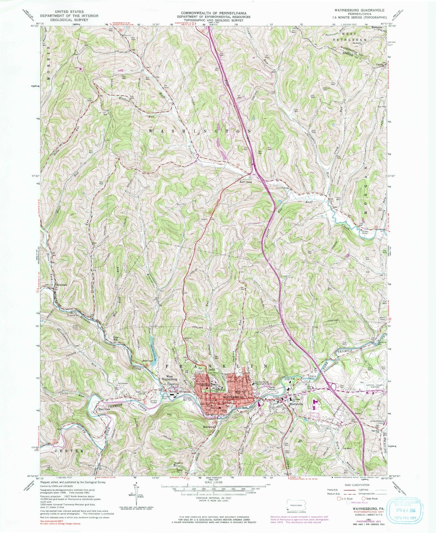 Classic USGS Waynesburg Pennsylvania 7.5'x7.5' Topo Map Image