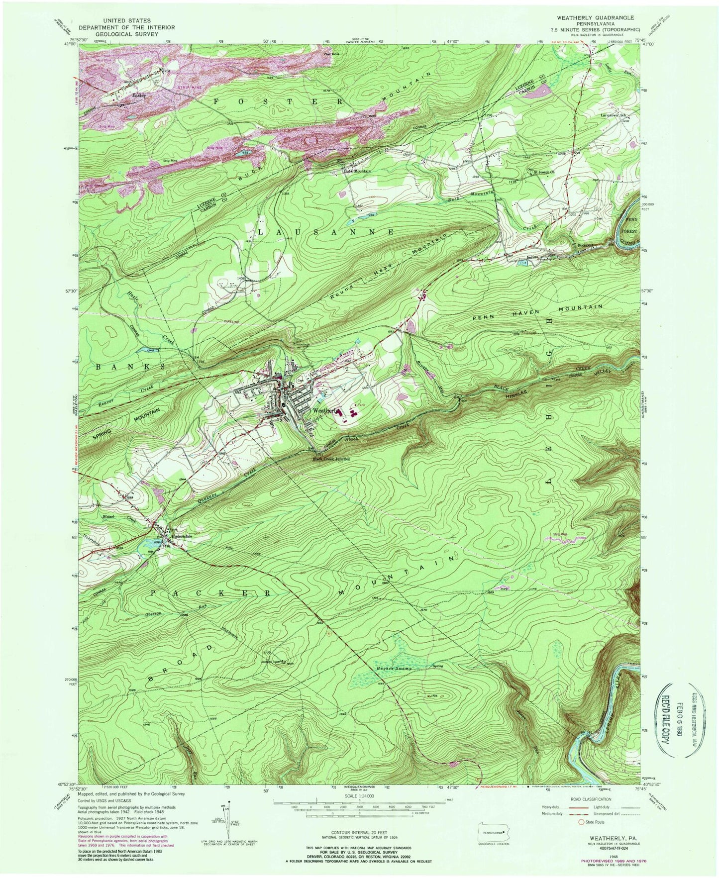 Classic USGS Weatherly Pennsylvania 7.5'x7.5' Topo Map Image