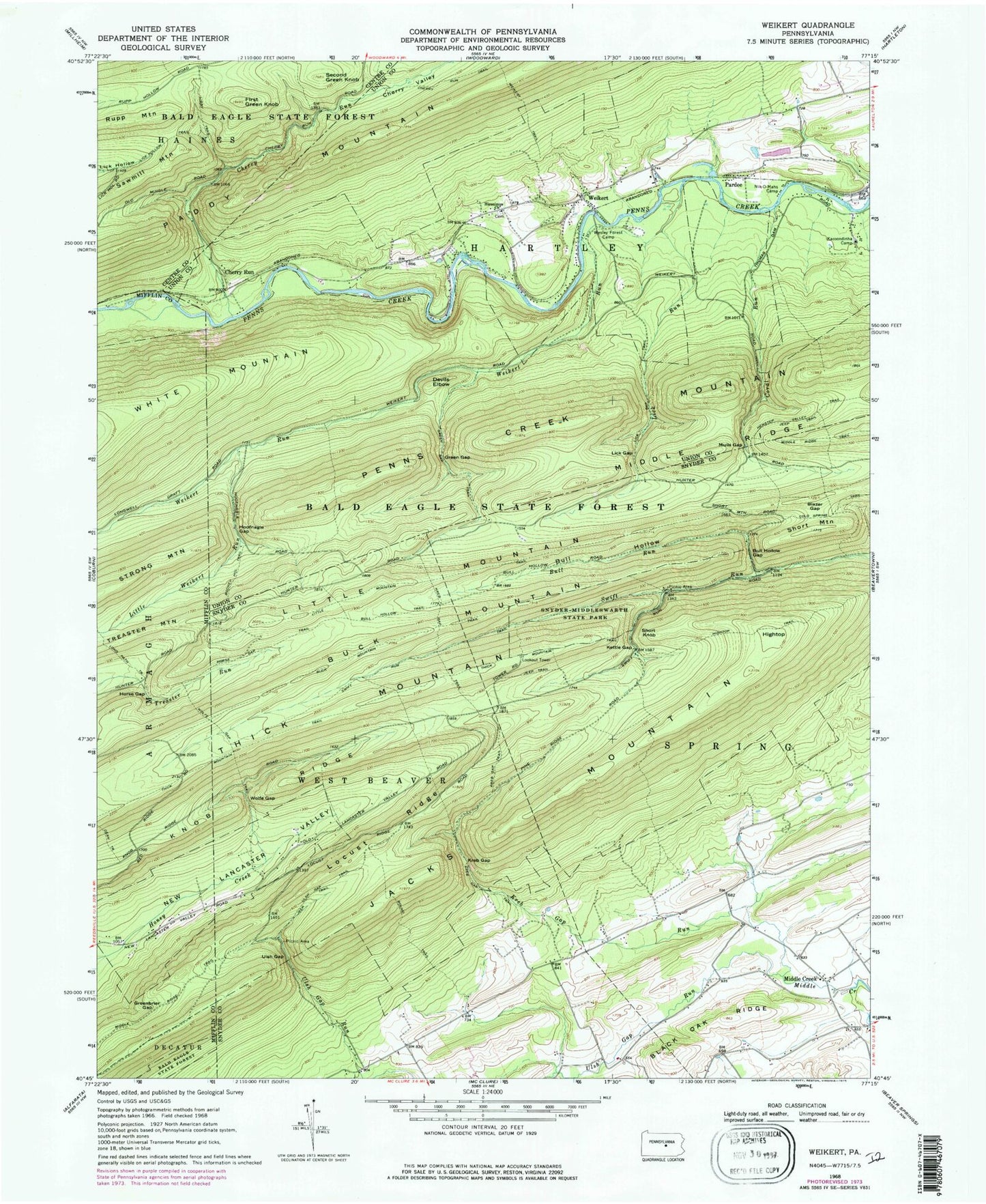 Classic USGS Weikert Pennsylvania 7.5'x7.5' Topo Map Image
