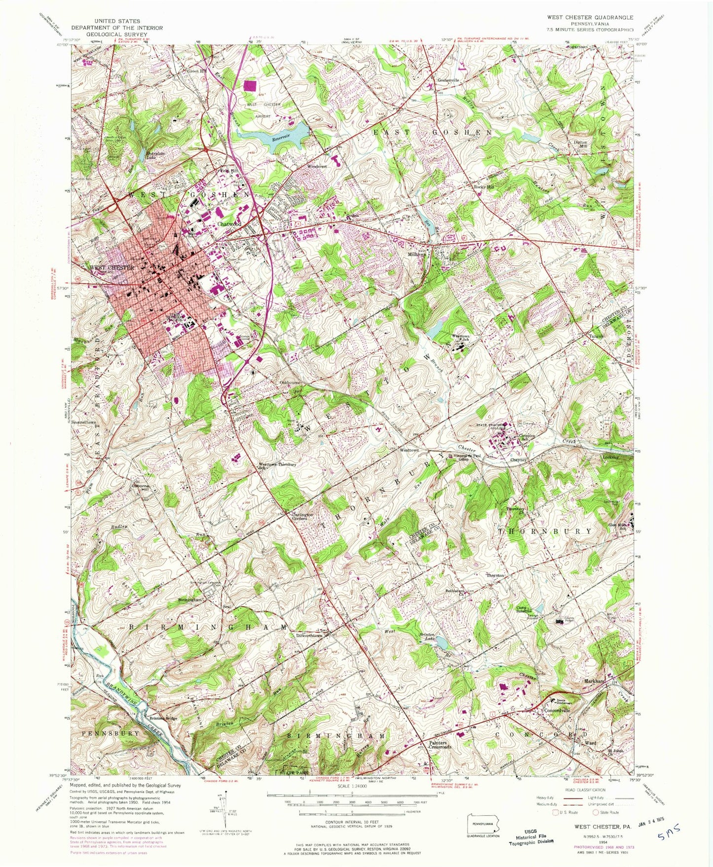 Classic USGS West Chester Pennsylvania 7.5'x7.5' Topo Map Image
