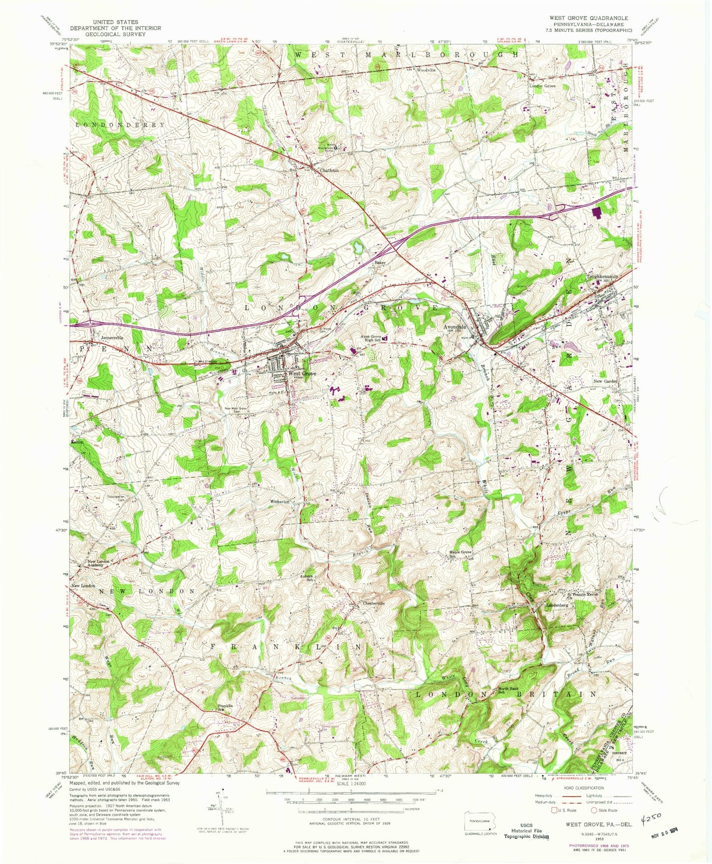Classic USGS West Grove Pennsylvania 7.5'x7.5' Topo Map Image