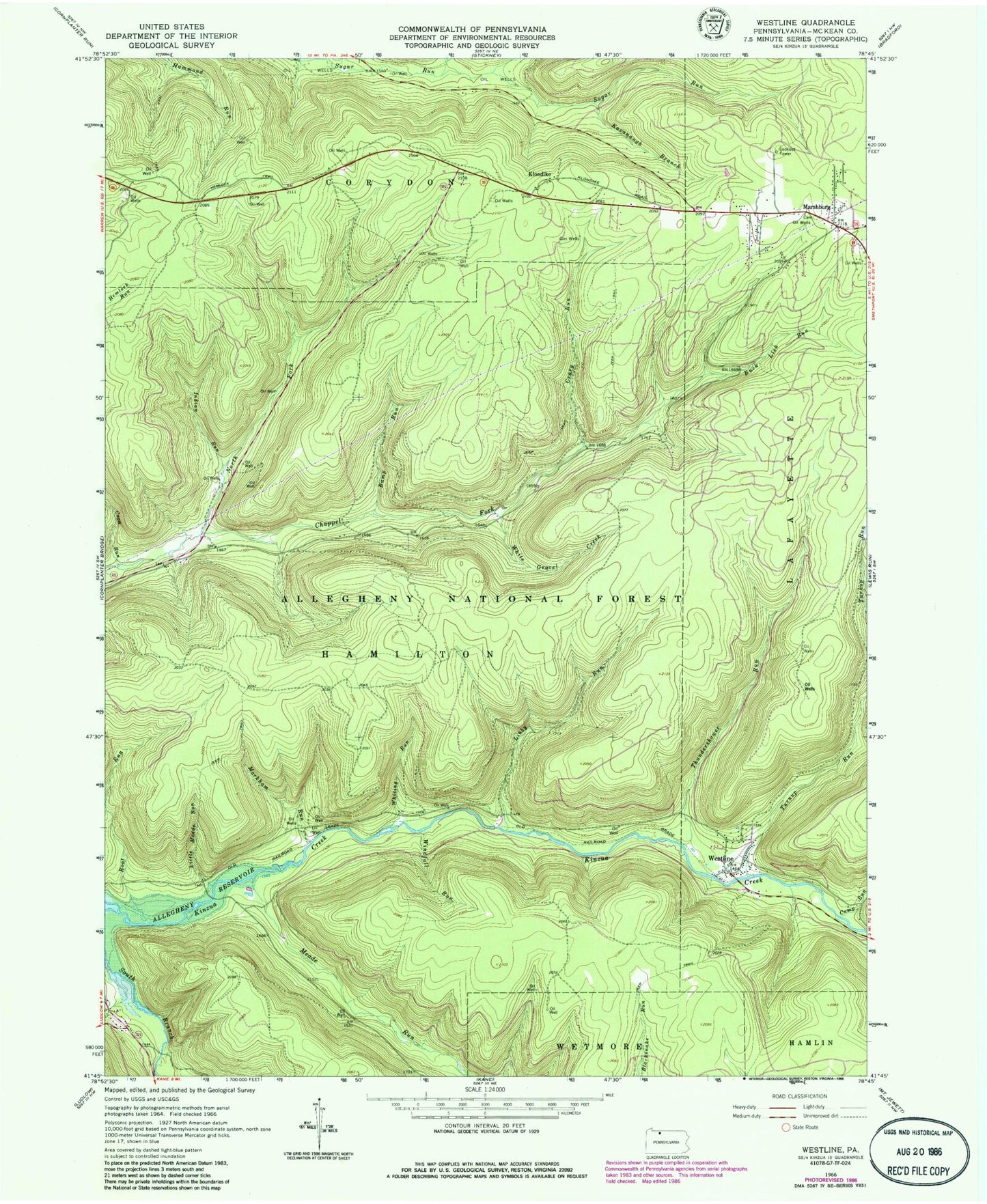 Classic USGS Westline Pennsylvania 7.5'x7.5' Topo Map Image
