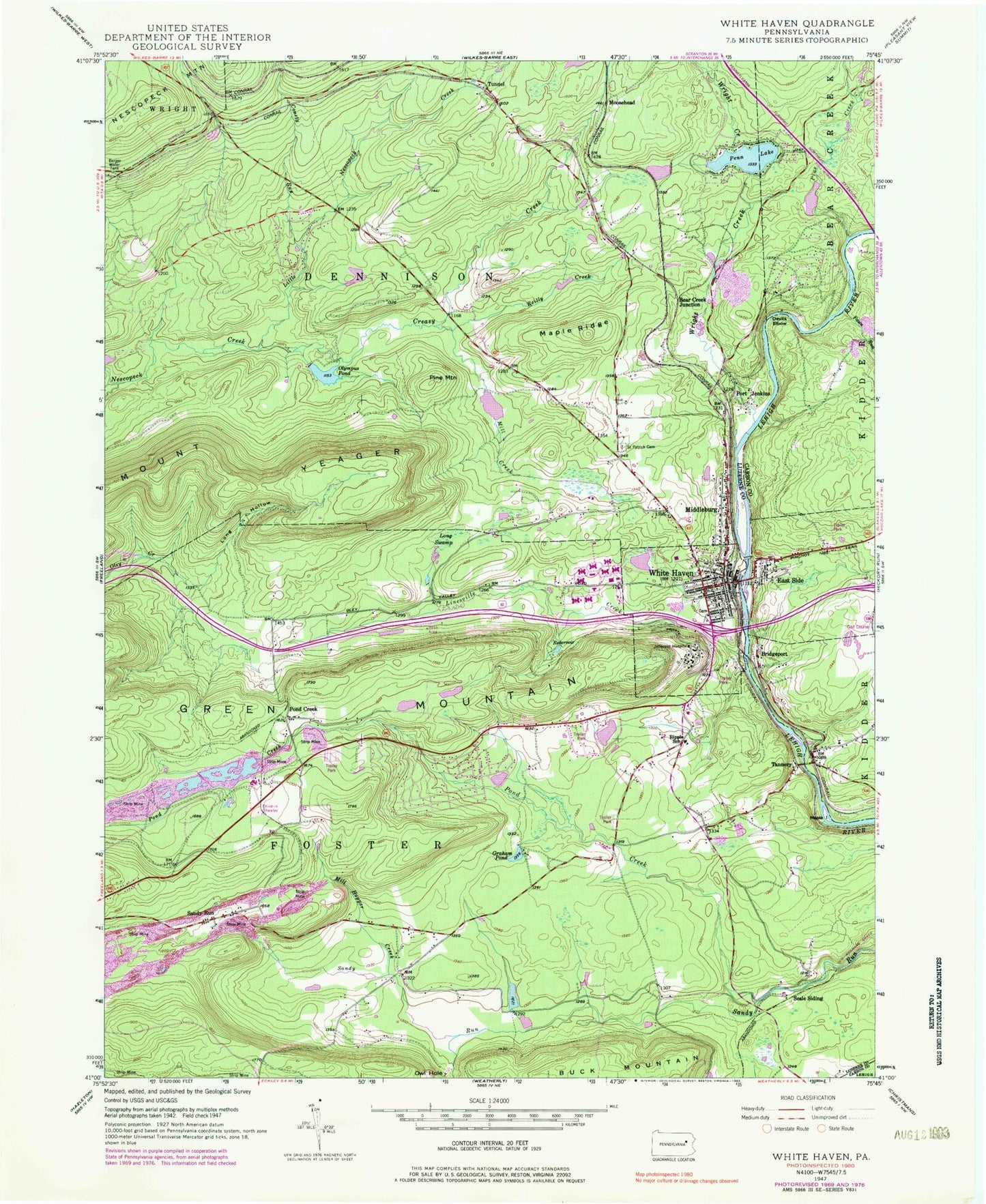 Classic USGS White Haven Pennsylvania 7.5'x7.5' Topo Map Image