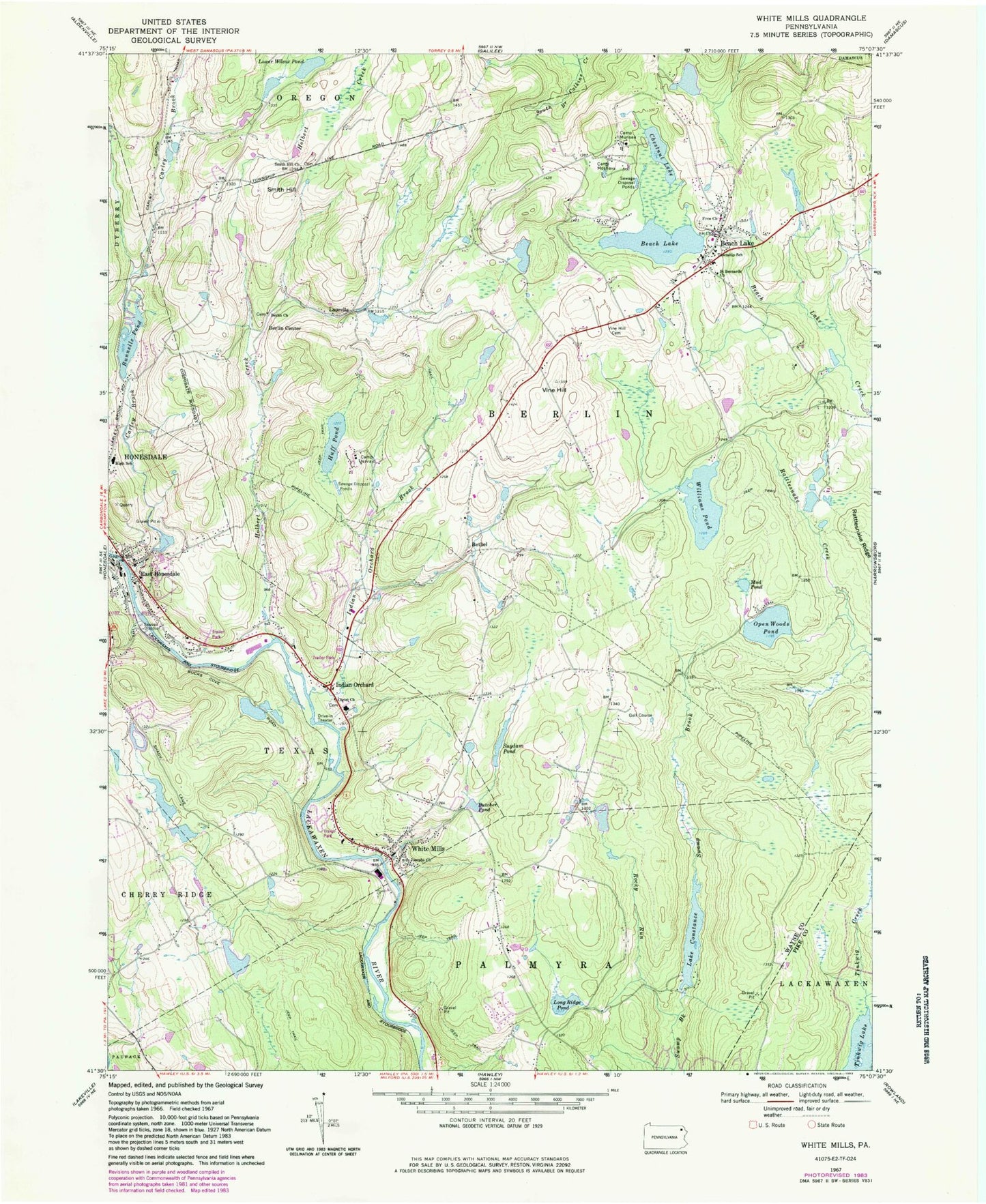Classic USGS White Mills Pennsylvania 7.5'x7.5' Topo Map Image