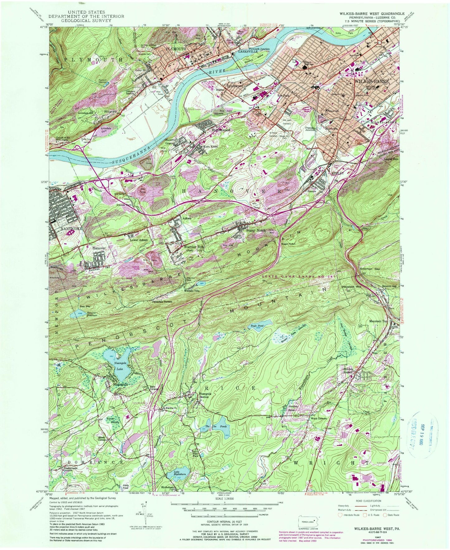 Classic USGS Wilkes-Barre West Pennsylvania 7.5'x7.5' Topo Map Image