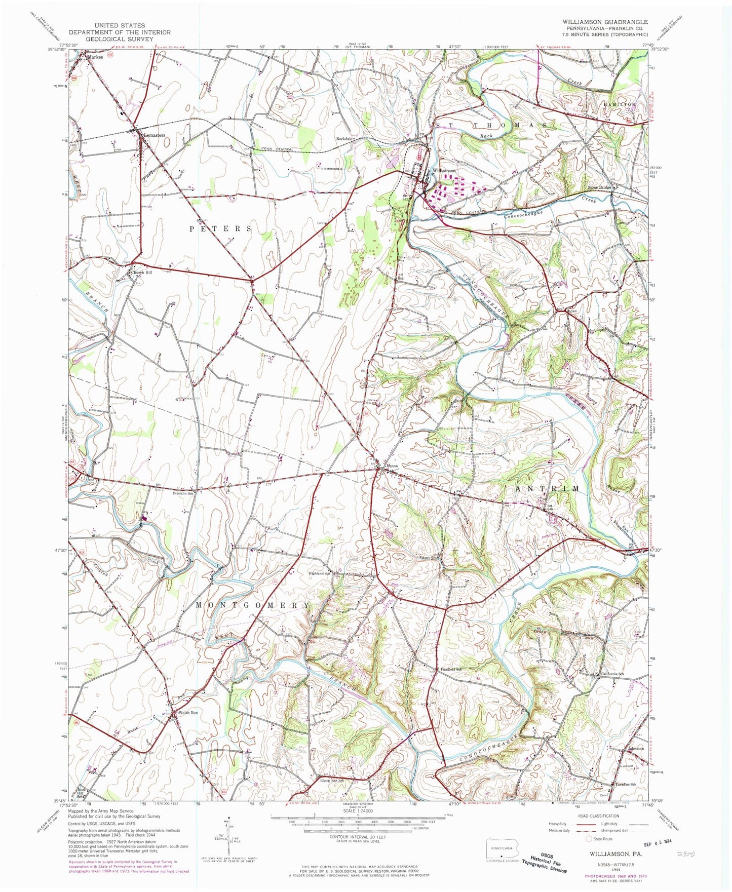Classic USGS Williamson Pennsylvania 7.5'x7.5' Topo Map Image