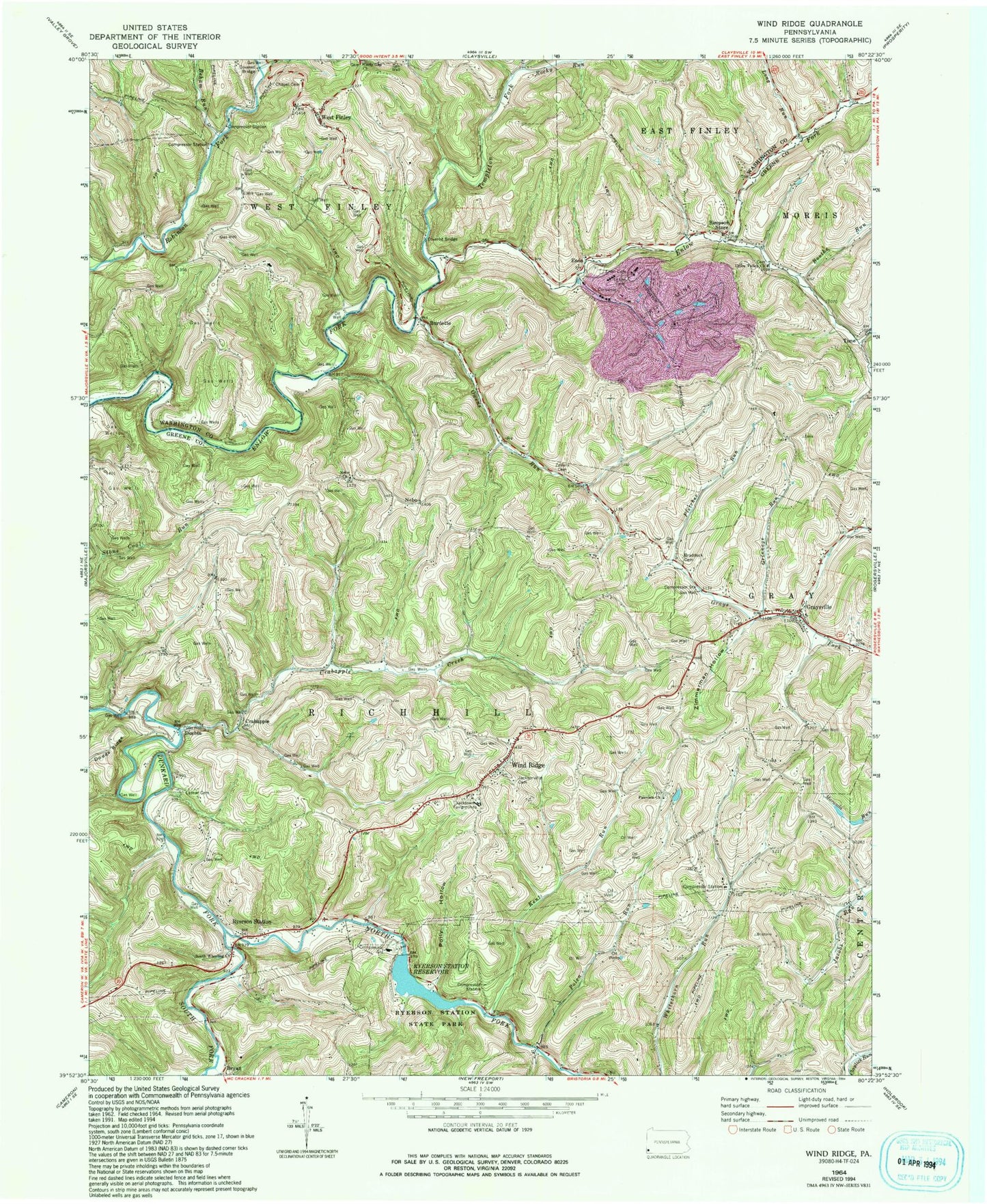 Classic USGS Wind Ridge Pennsylvania 7.5'x7.5' Topo Map Image