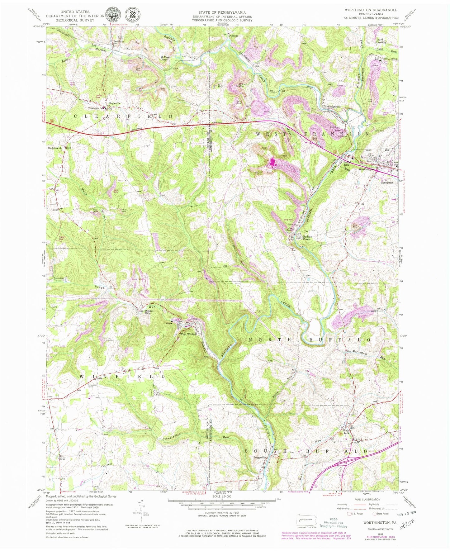 Classic USGS Worthington Pennsylvania 7.5'x7.5' Topo Map Image