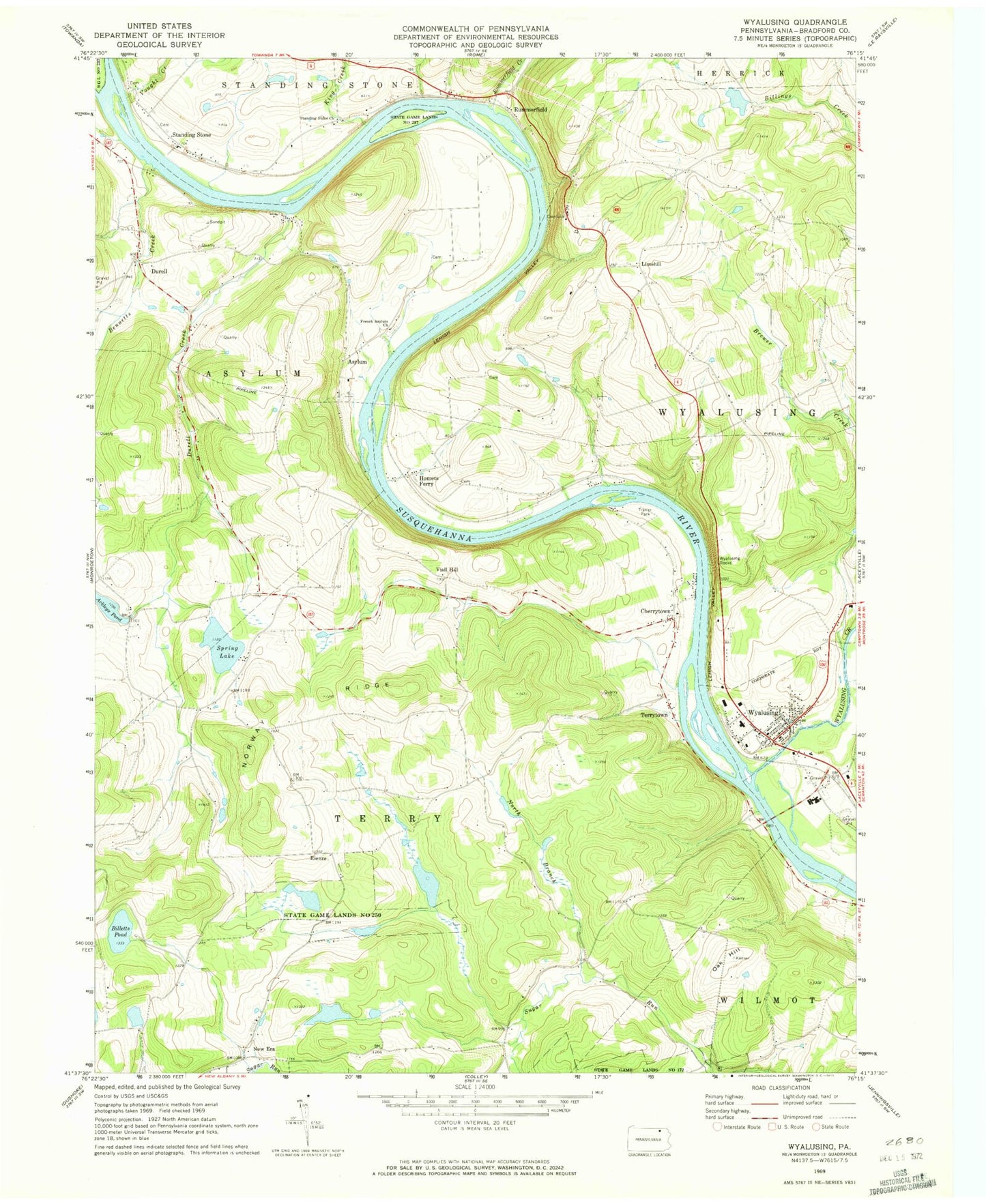 Classic USGS Wyalusing Pennsylvania 7.5'x7.5' Topo Map Image