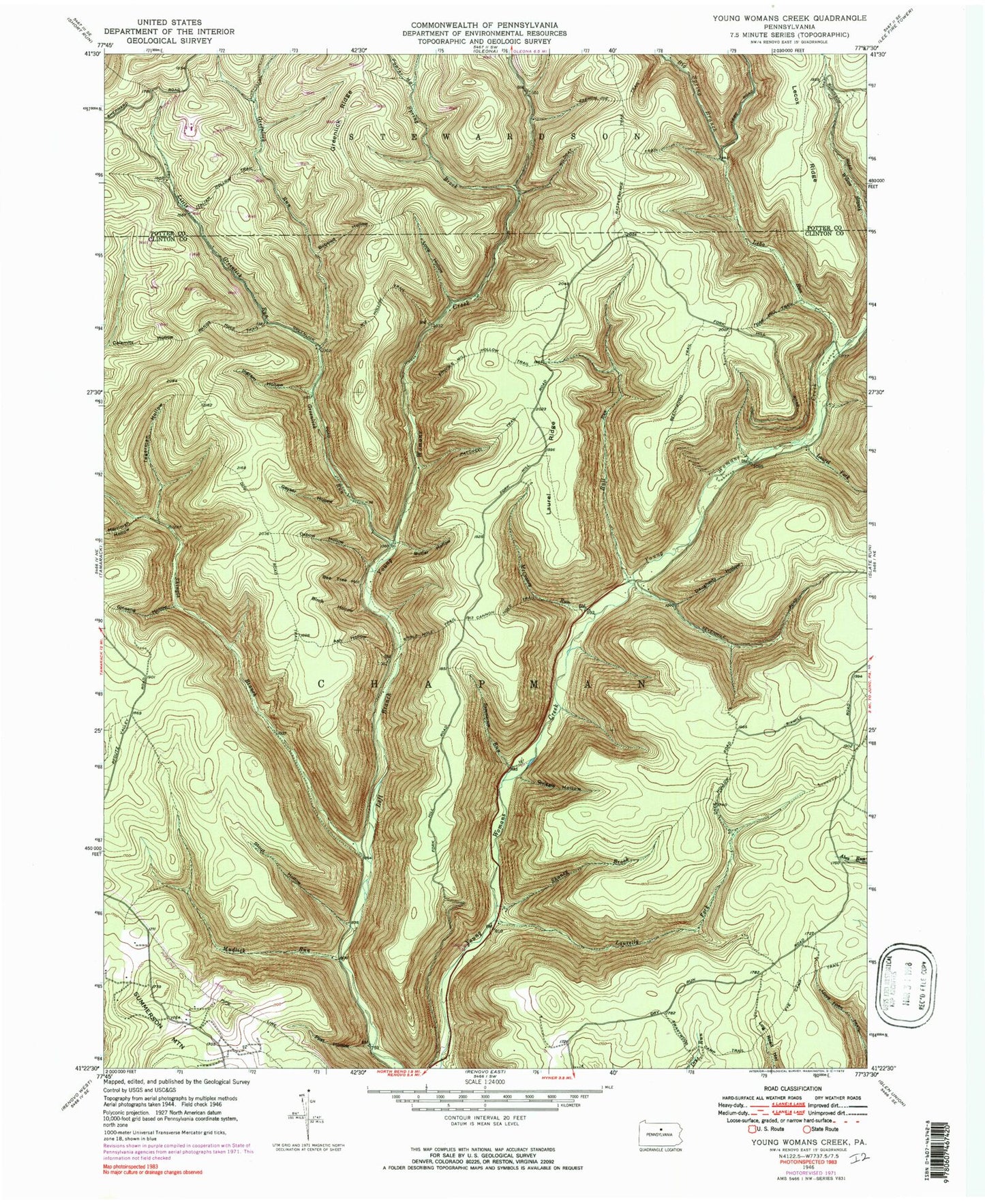 Classic USGS Young Womans Creek Pennsylvania 7.5'x7.5' Topo Map Image