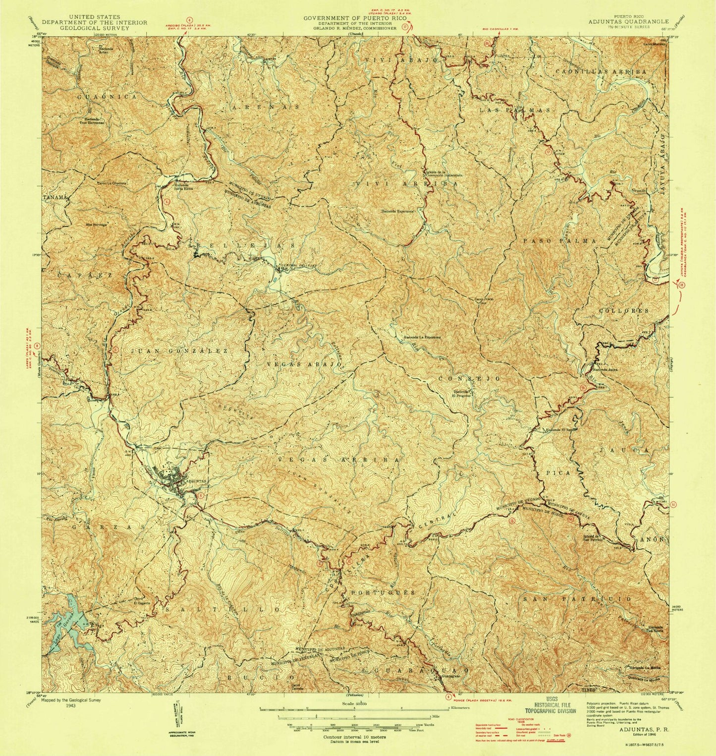 Classic USGS Adjuntas Puerto Rico 7.5'x7.5' Topo Map Image