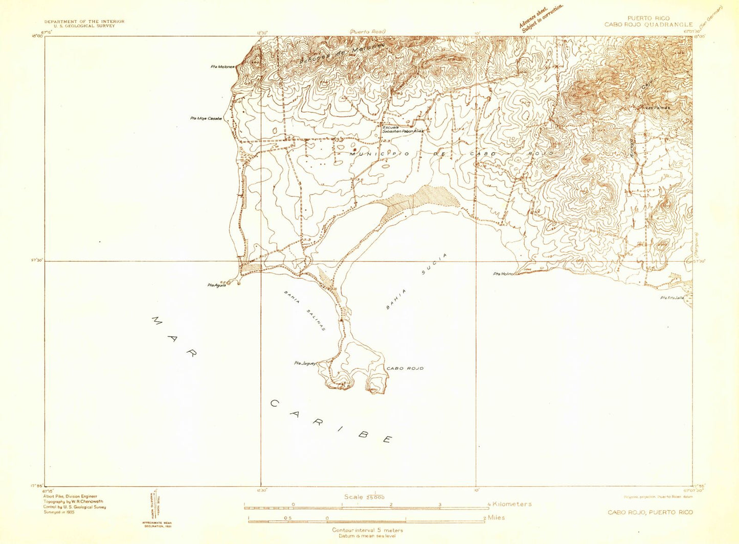 Classic USGS Cabo Rojo Puerto Rico 7.5'x7.5' Topo Map Image