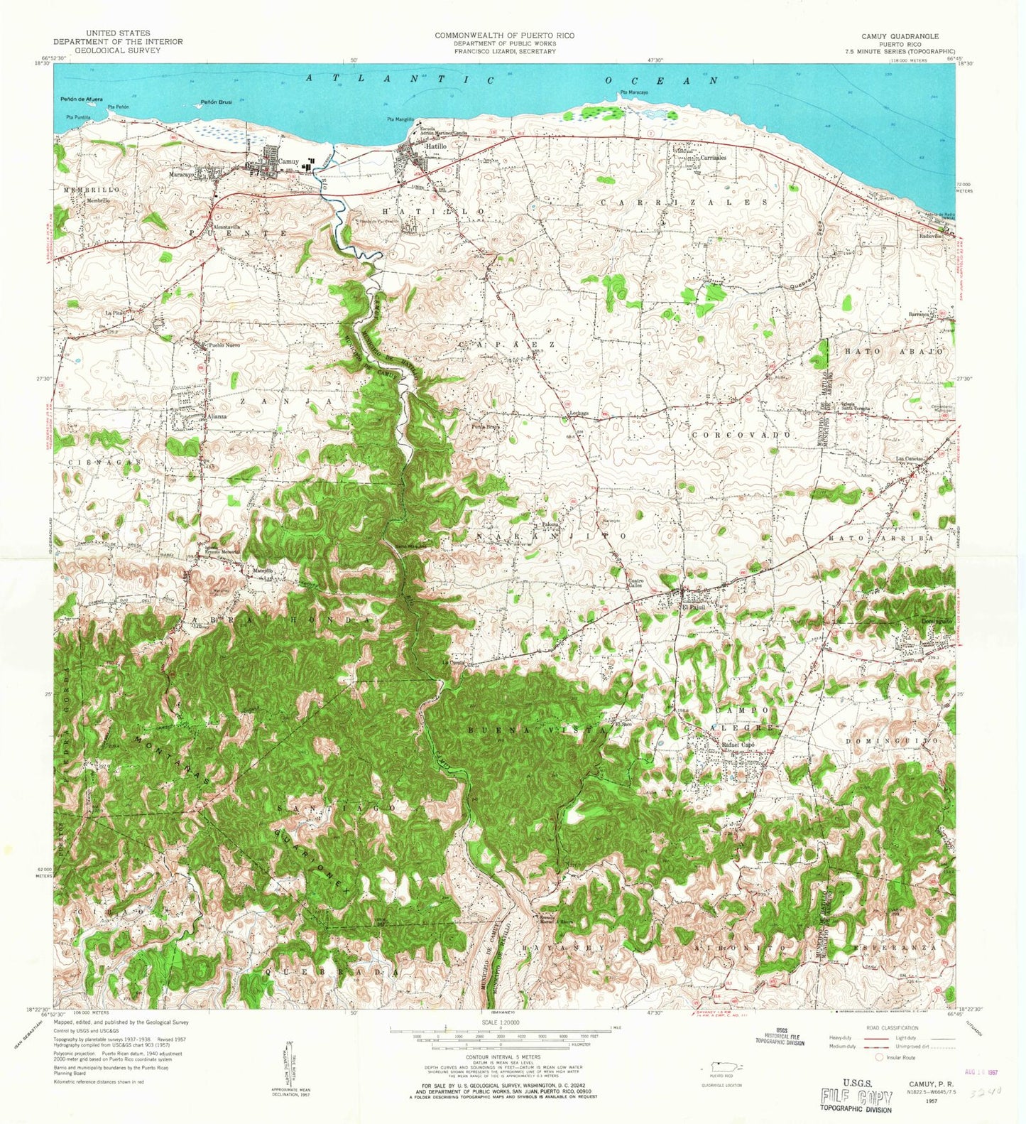 Classic USGS Camuy Puerto Rico 7.5'x7.5' Topo Map Image