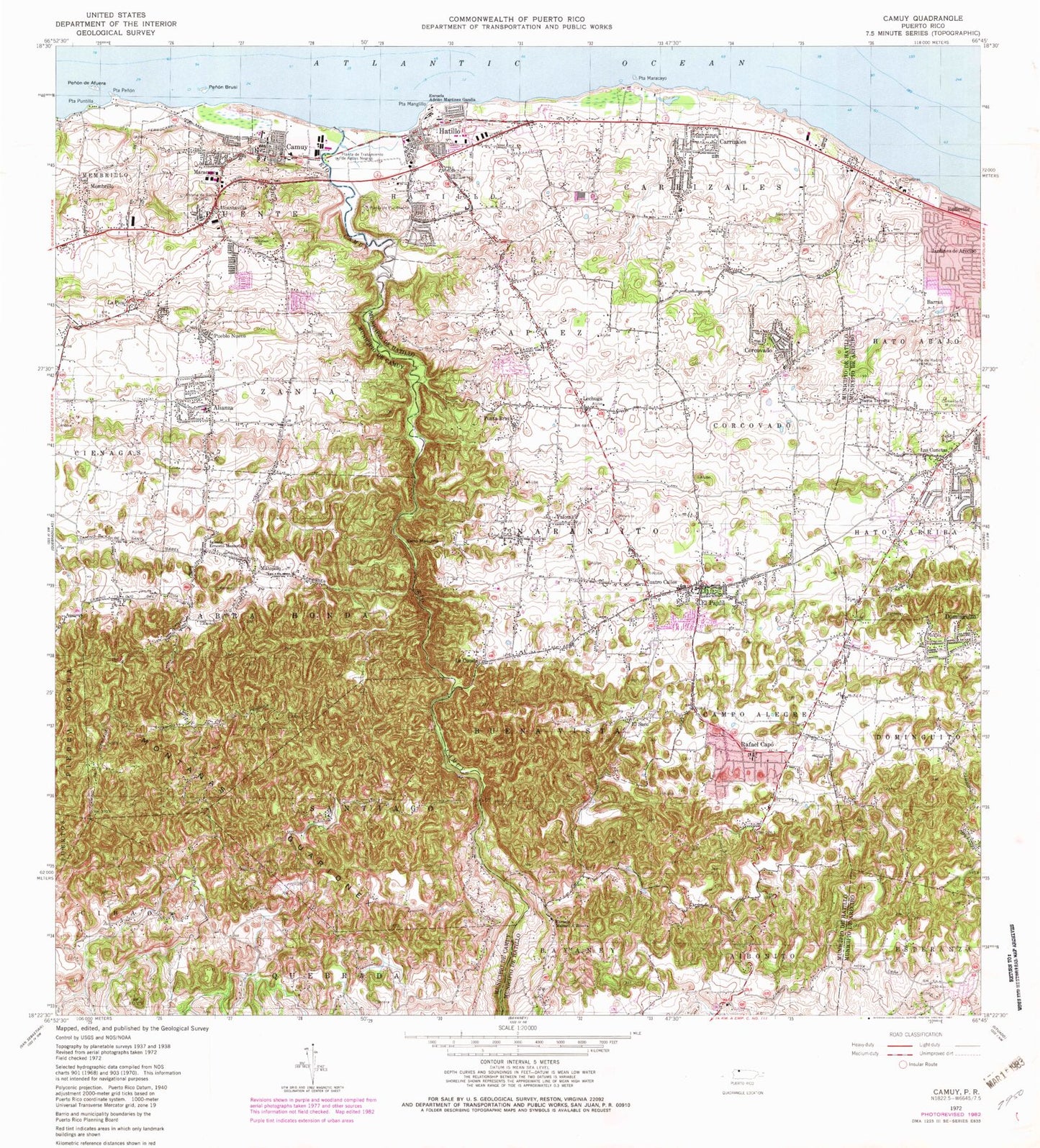 Classic USGS Camuy Puerto Rico 7.5'x7.5' Topo Map Image