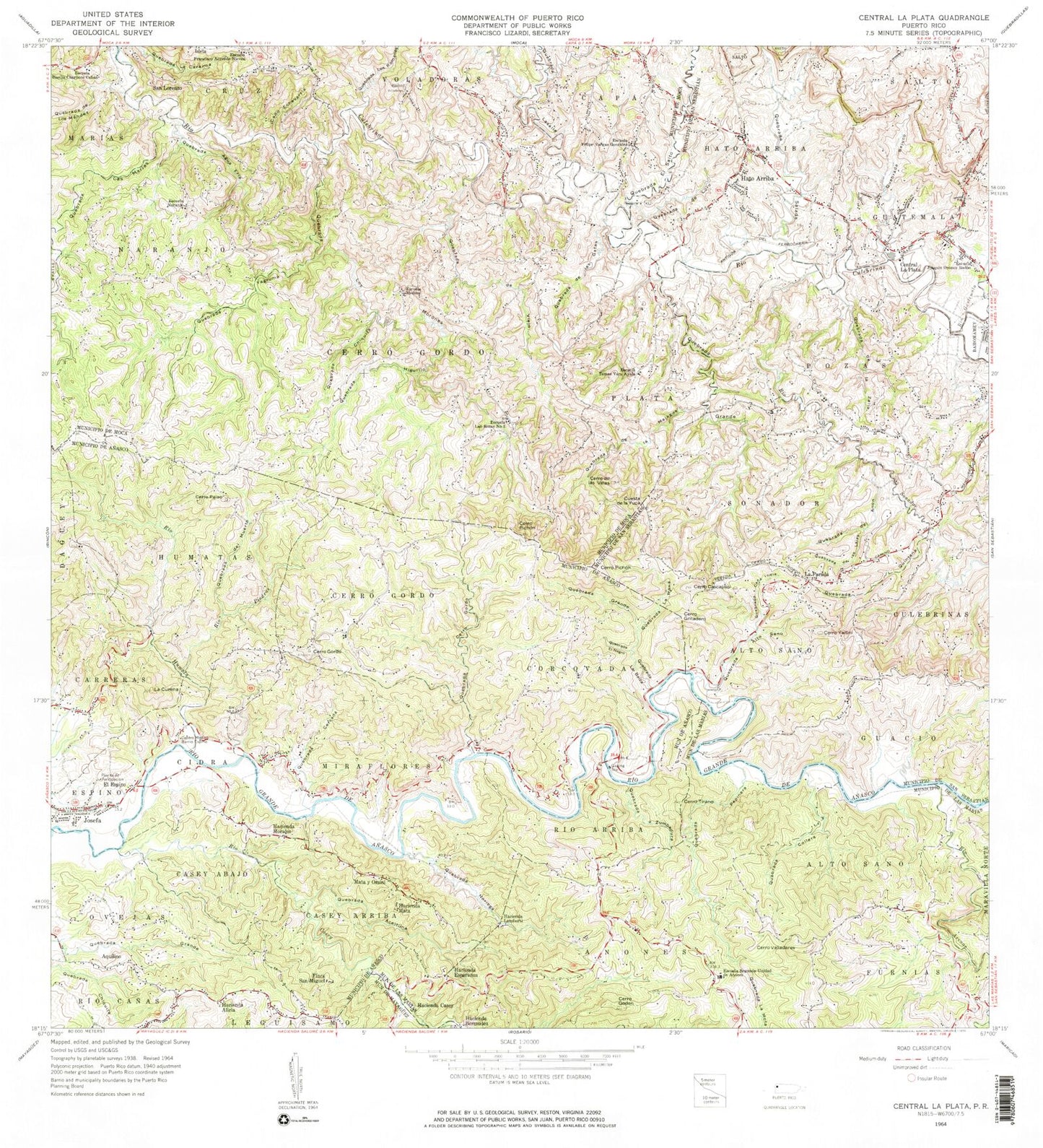 Classic USGS Central La Plata Puerto Rico 7.5'x7.5' Topo Map Image