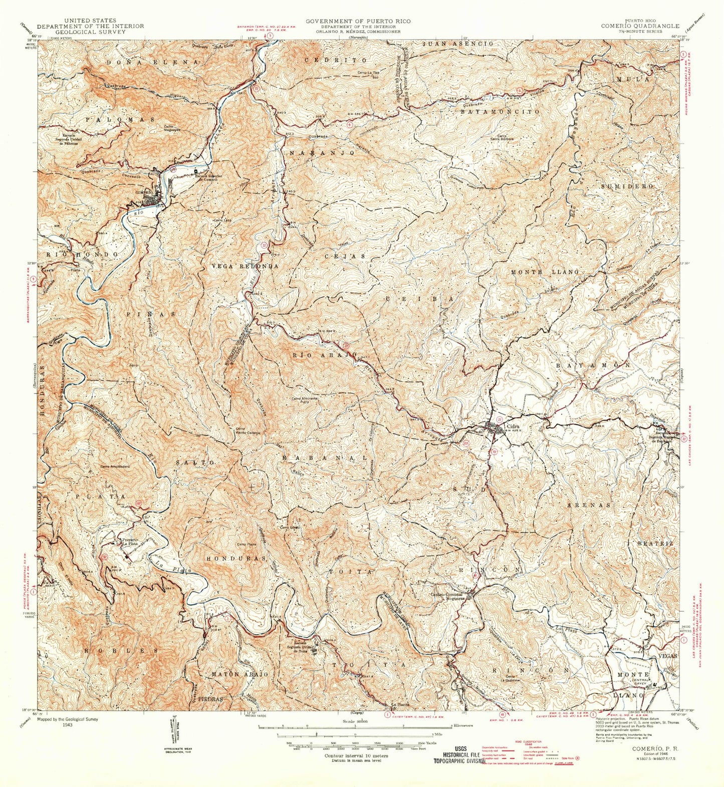 Classic USGS Comerio Puerto Rico 7.5'x7.5' Topo Map Image