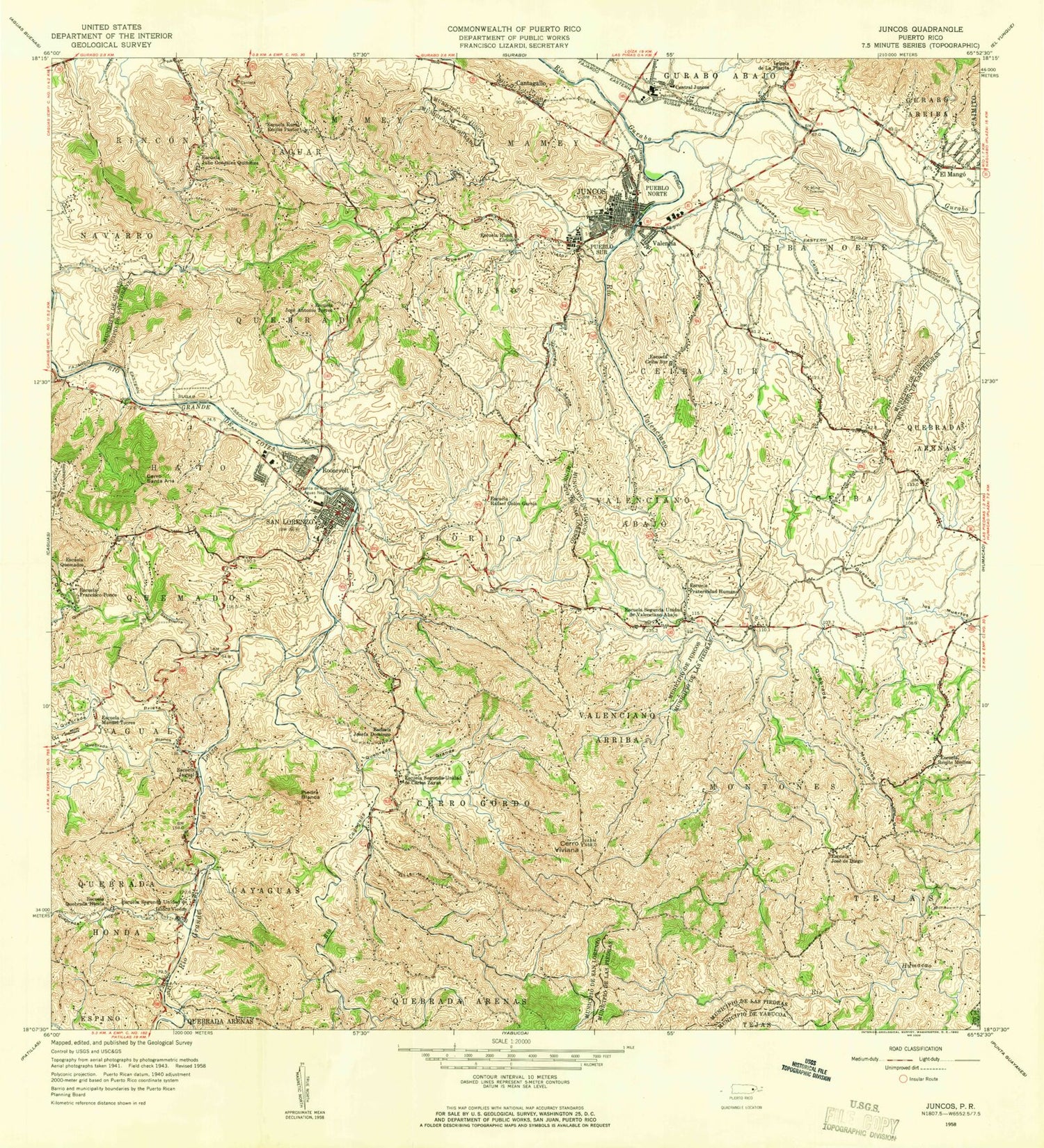 Classic USGS Juncos Puerto Rico 7.5'x7.5' Topo Map Image