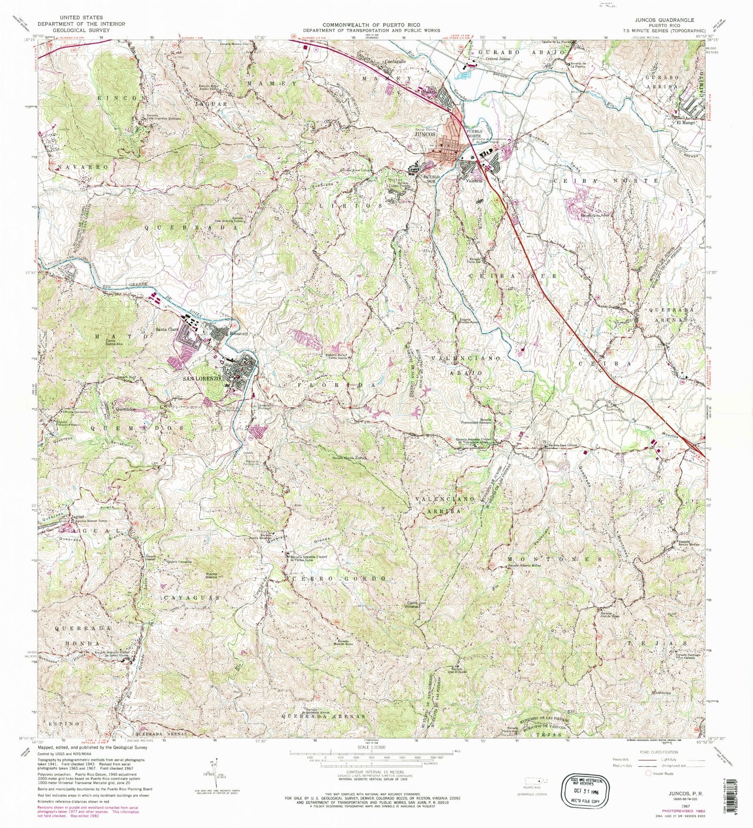 Classic USGS Juncos Puerto Rico 7.5'x7.5' Topo Map Image