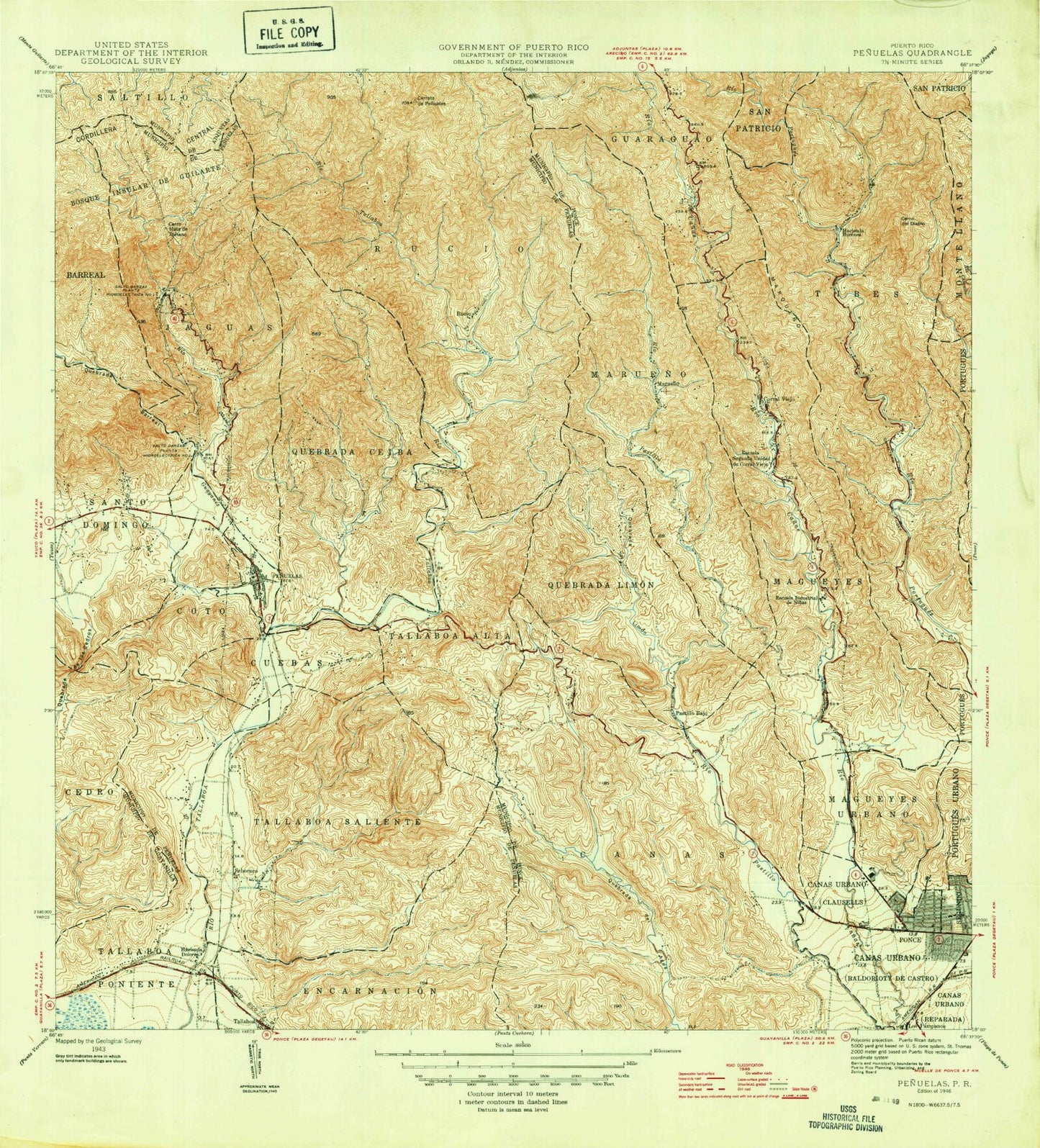 Classic USGS Penuelas Puerto Rico 7.5'x7.5' Topo Map Image