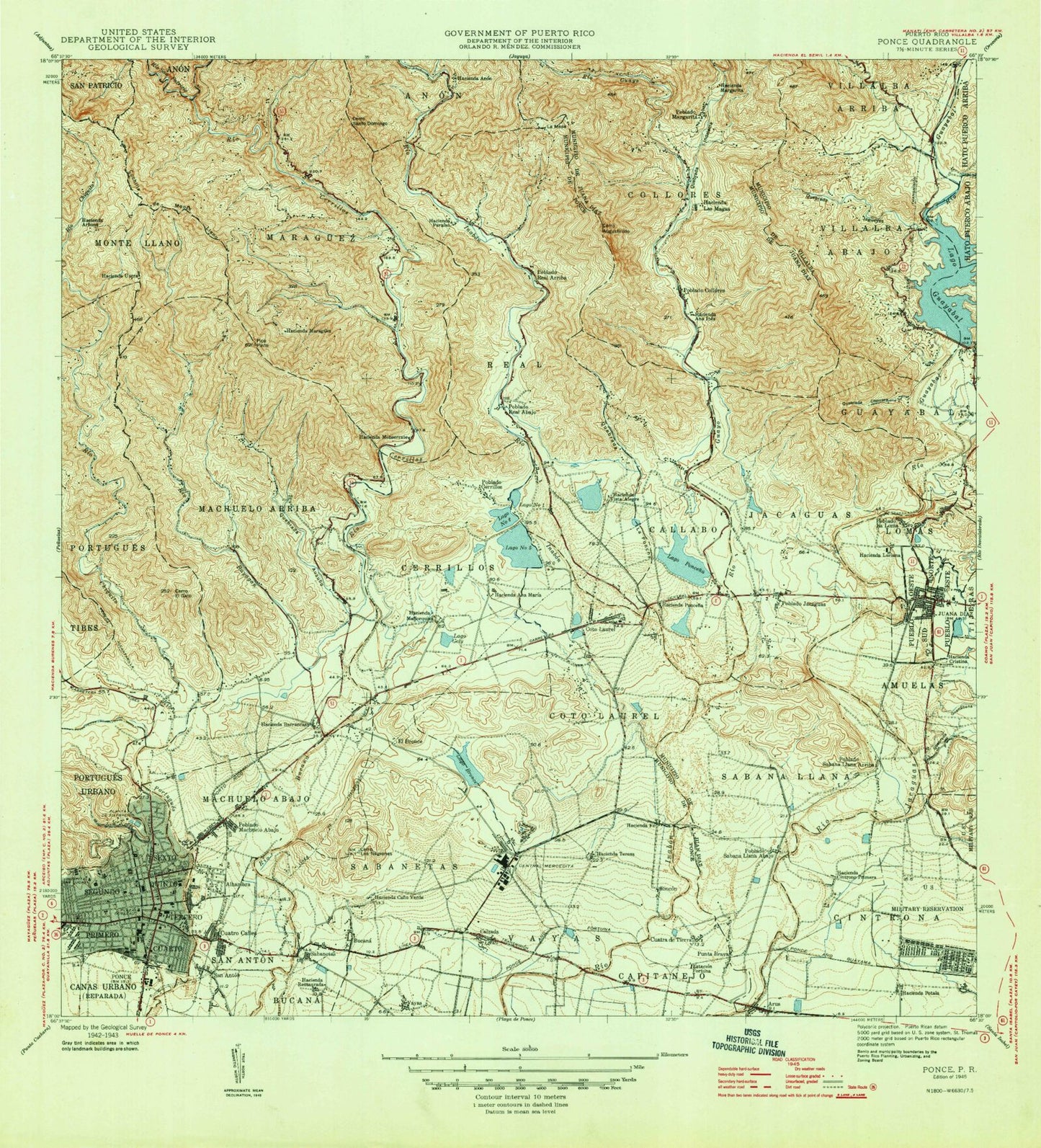 Classic USGS Ponce Puerto Rico 7.5'x7.5' Topo Map Image