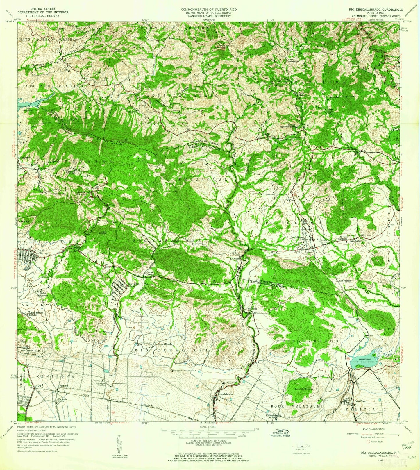 Classic USGS Rio Descalabrado Puerto Rico 7.5'x7.5' Topo Map Image