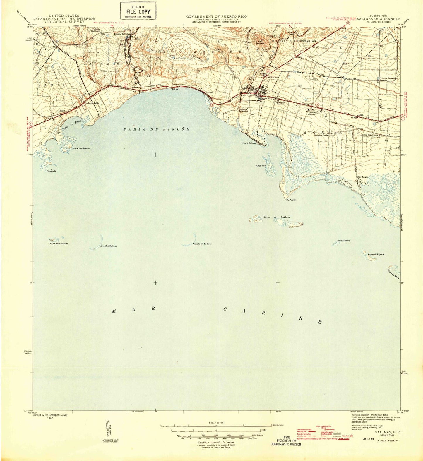Classic USGS Salinas Puerto Rico 7.5'x7.5' Topo Map Image