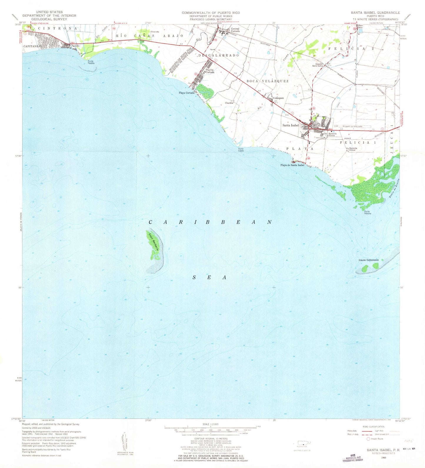 Classic USGS Santa Isabel Puerto Rico 7.5'x7.5' Topo Map Image
