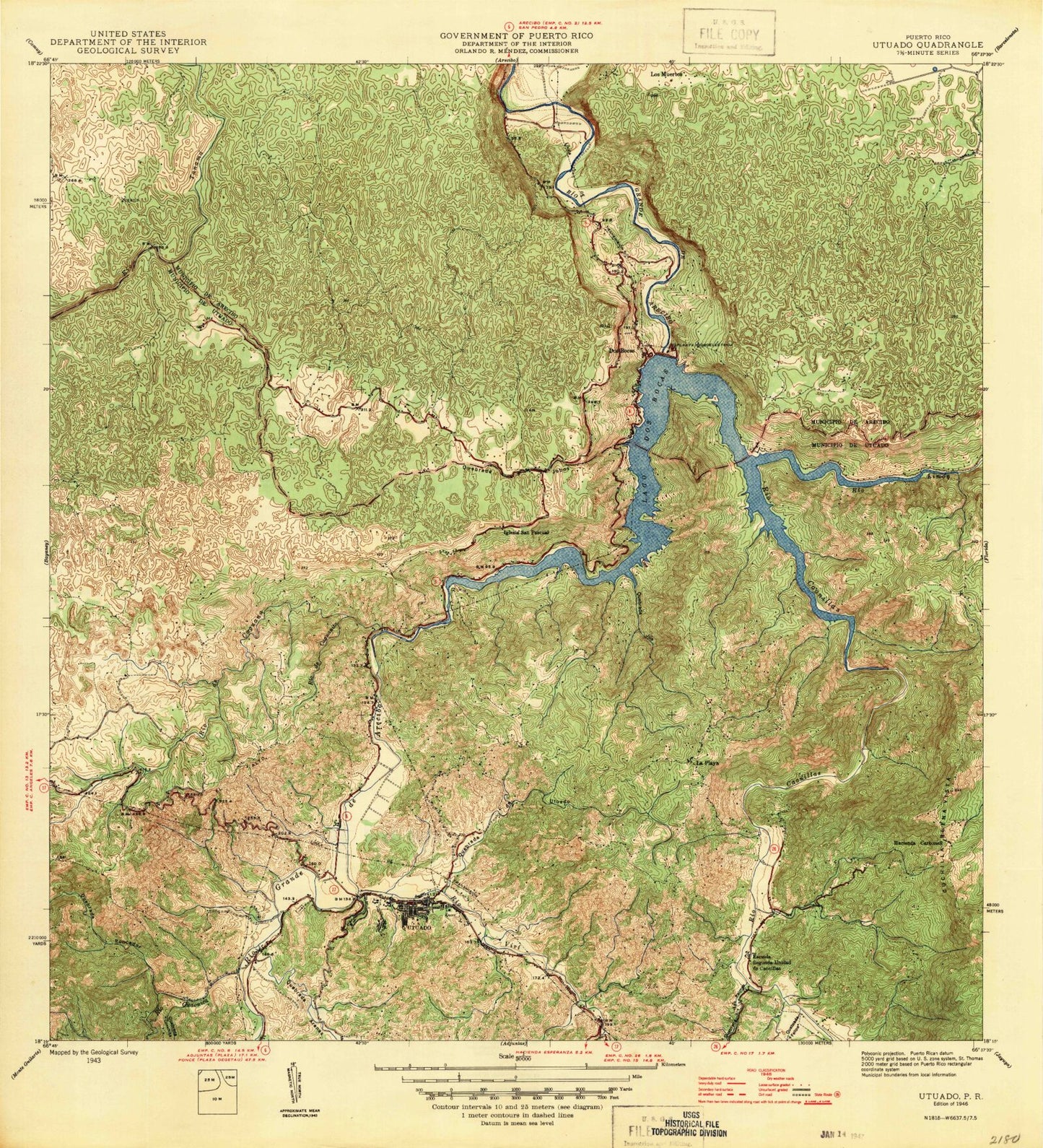 Classic USGS Utuado Puerto Rico 7.5'x7.5' Topo Map Image