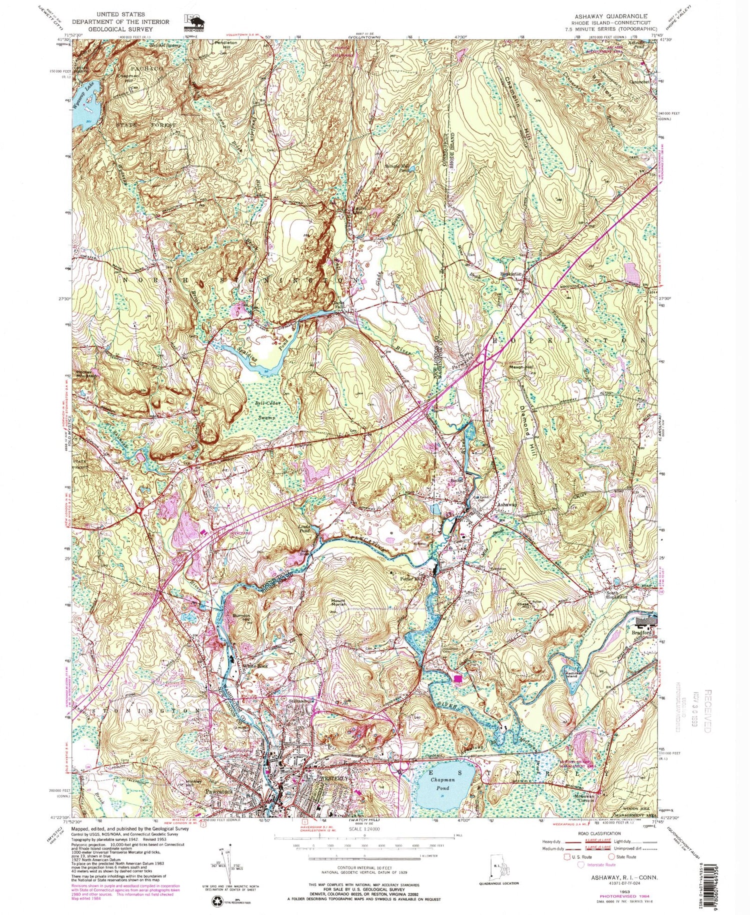 Classic USGS Ashaway Rhode Island 7.5'x7.5' Topo Map Image