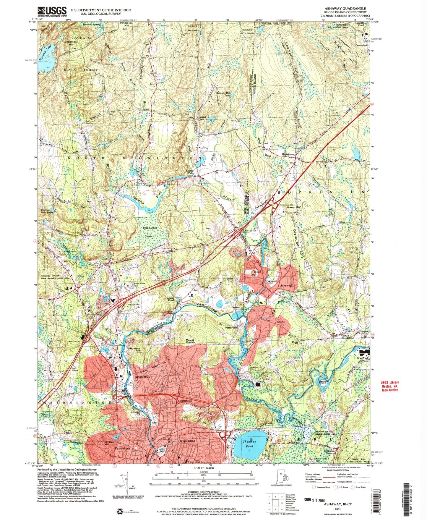 Classic USGS Ashaway Rhode Island 7.5'x7.5' Topo Map Image