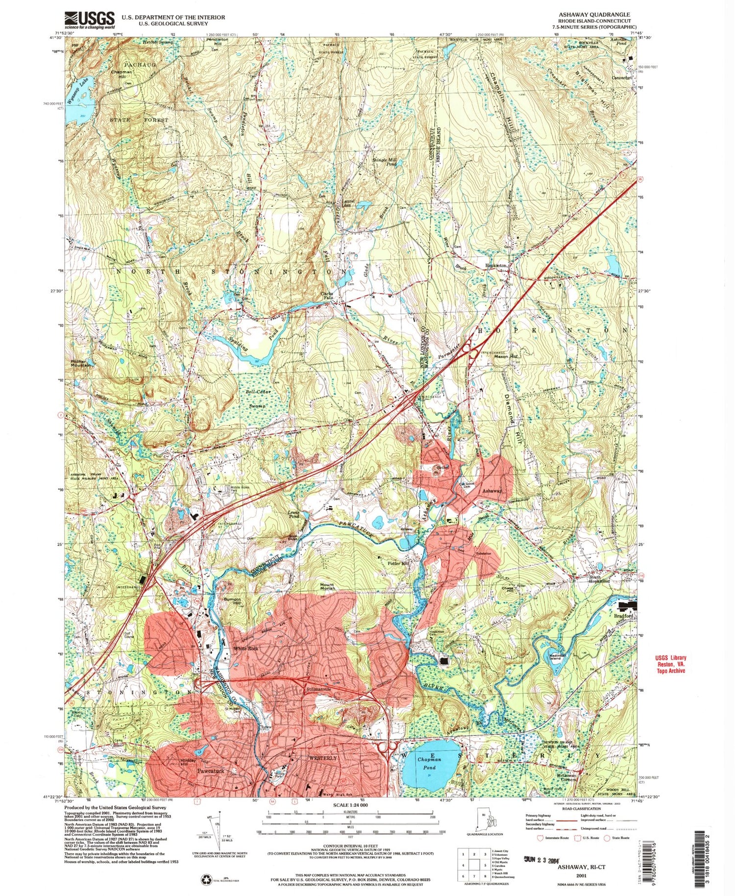 Classic USGS Ashaway Rhode Island 7.5'x7.5' Topo Map Image