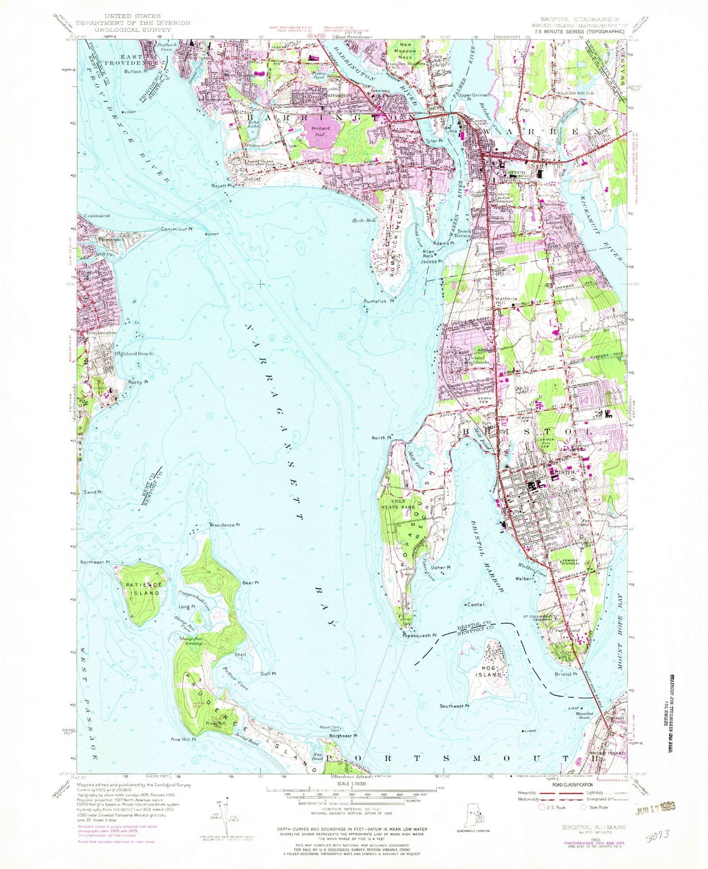 Classic USGS Bristol Rhode Island 7.5'x7.5' Topo Map Image