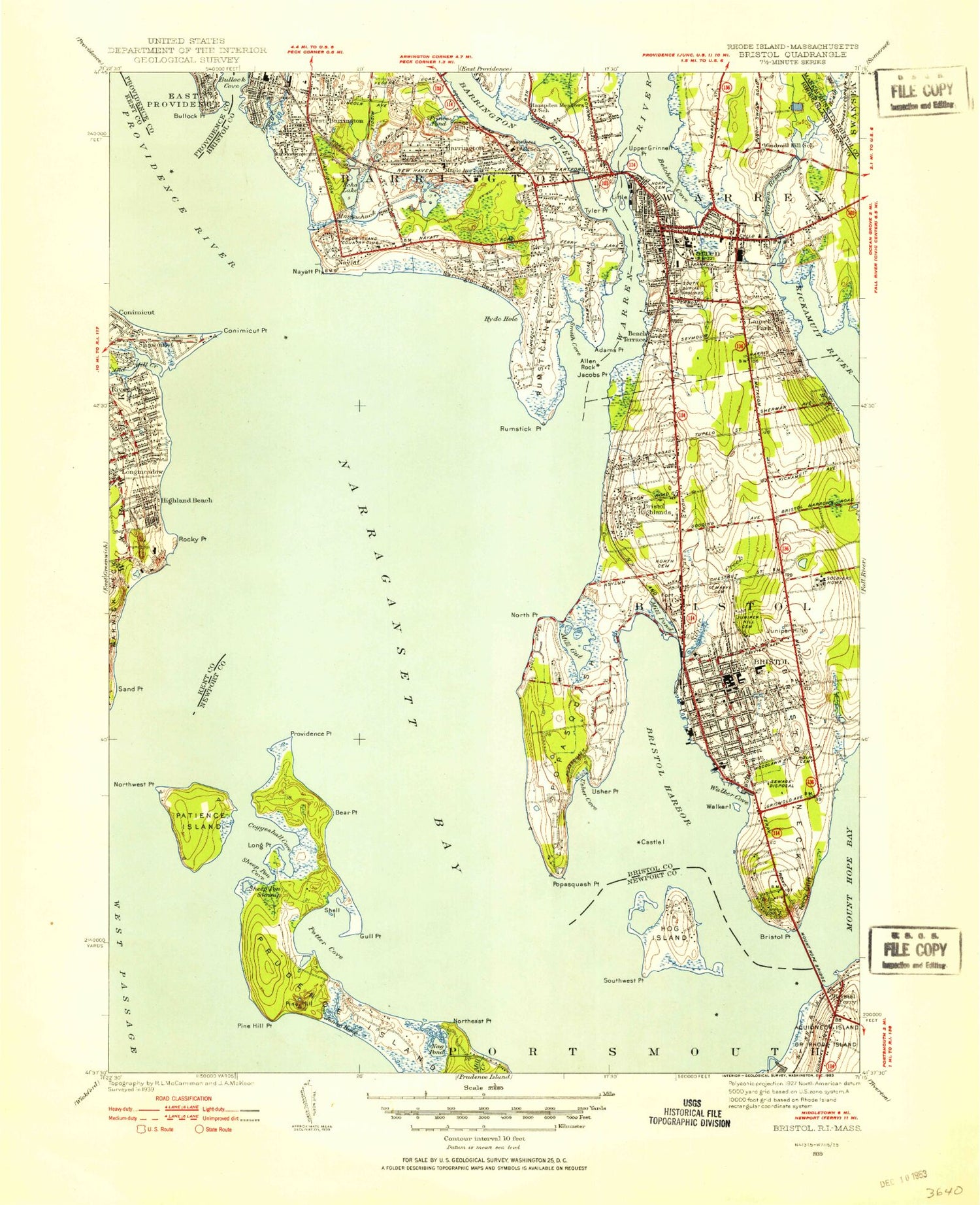 Classic USGS Bristol Rhode Island 7.5'x7.5' Topo Map Image