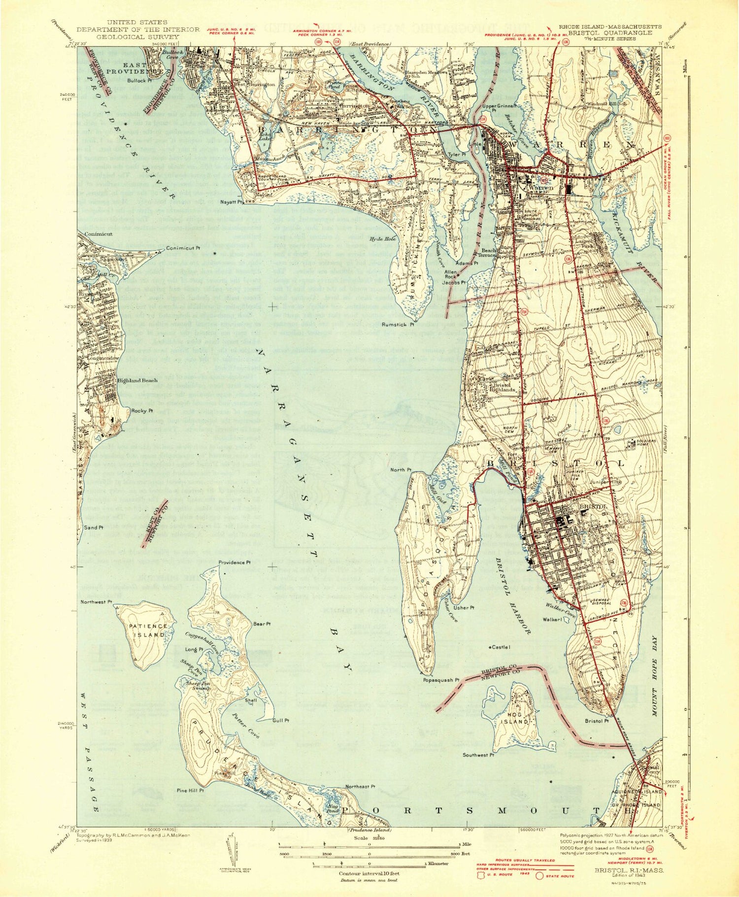 Classic USGS Bristol Rhode Island 7.5'x7.5' Topo Map Image