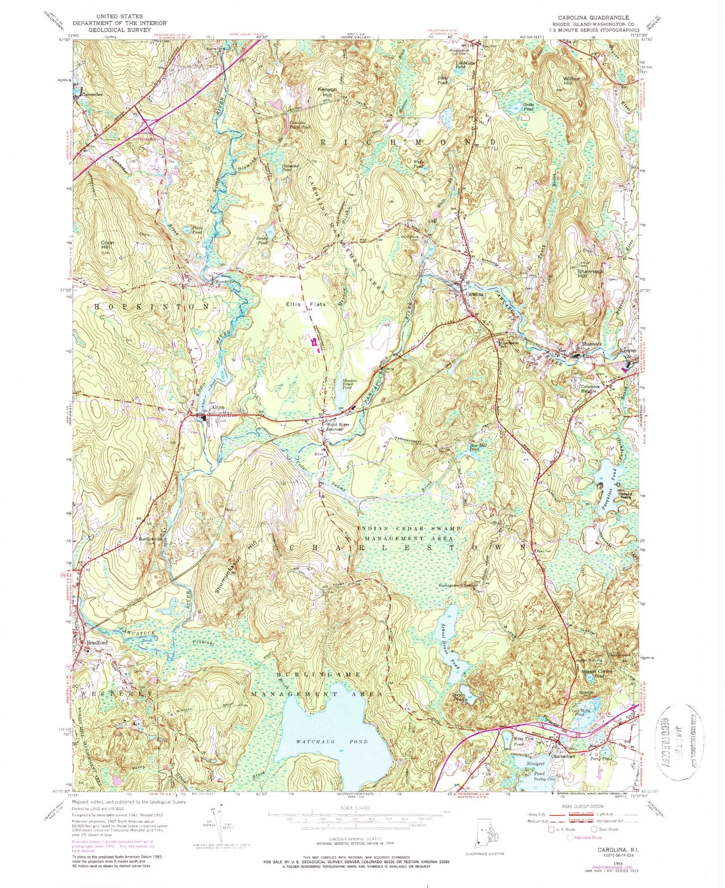 Classic USGS Carolina Rhode Island 7.5'x7.5' Topo Map Image