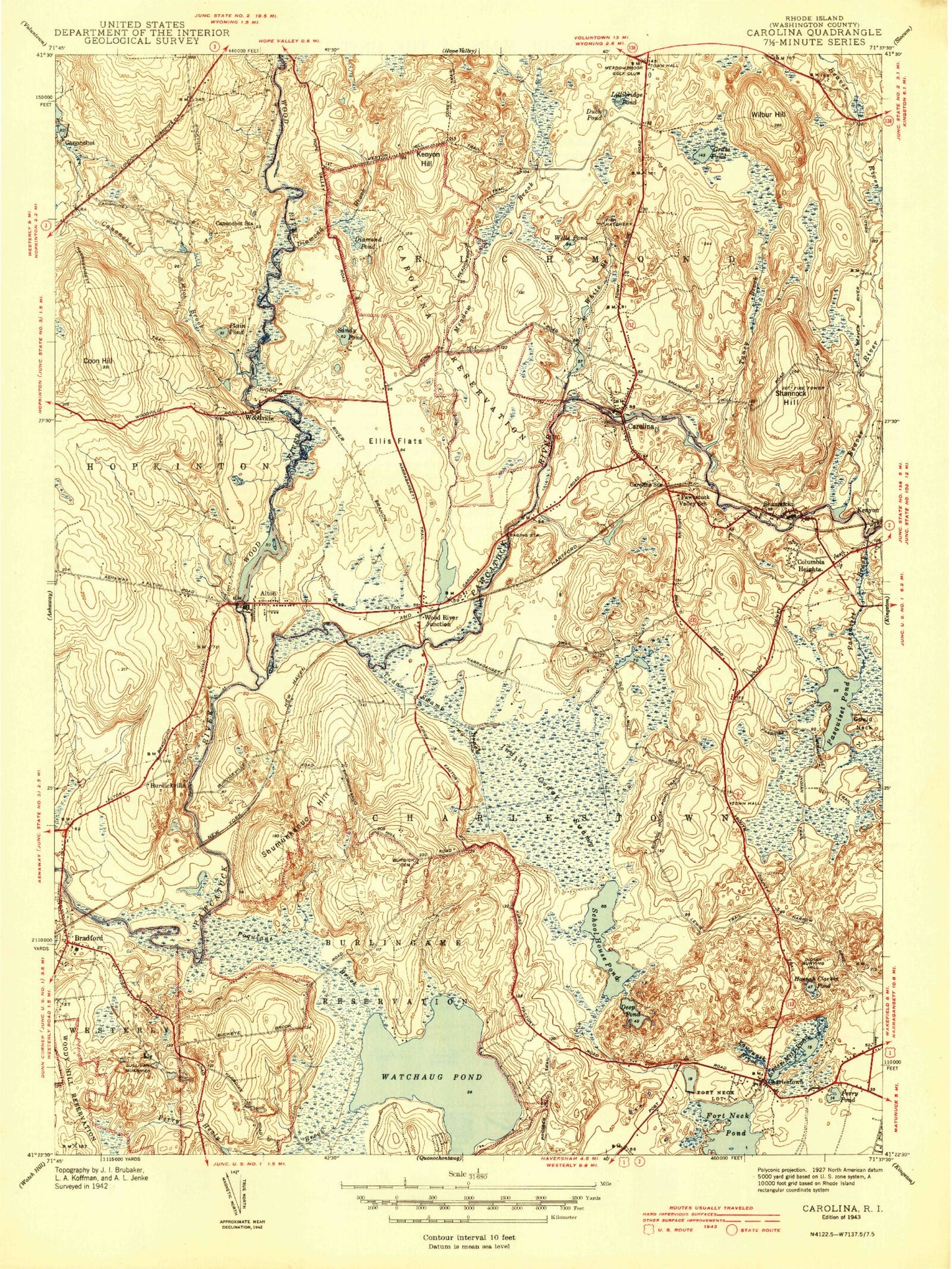 Classic USGS Carolina Rhode Island 7.5'x7.5' Topo Map Image